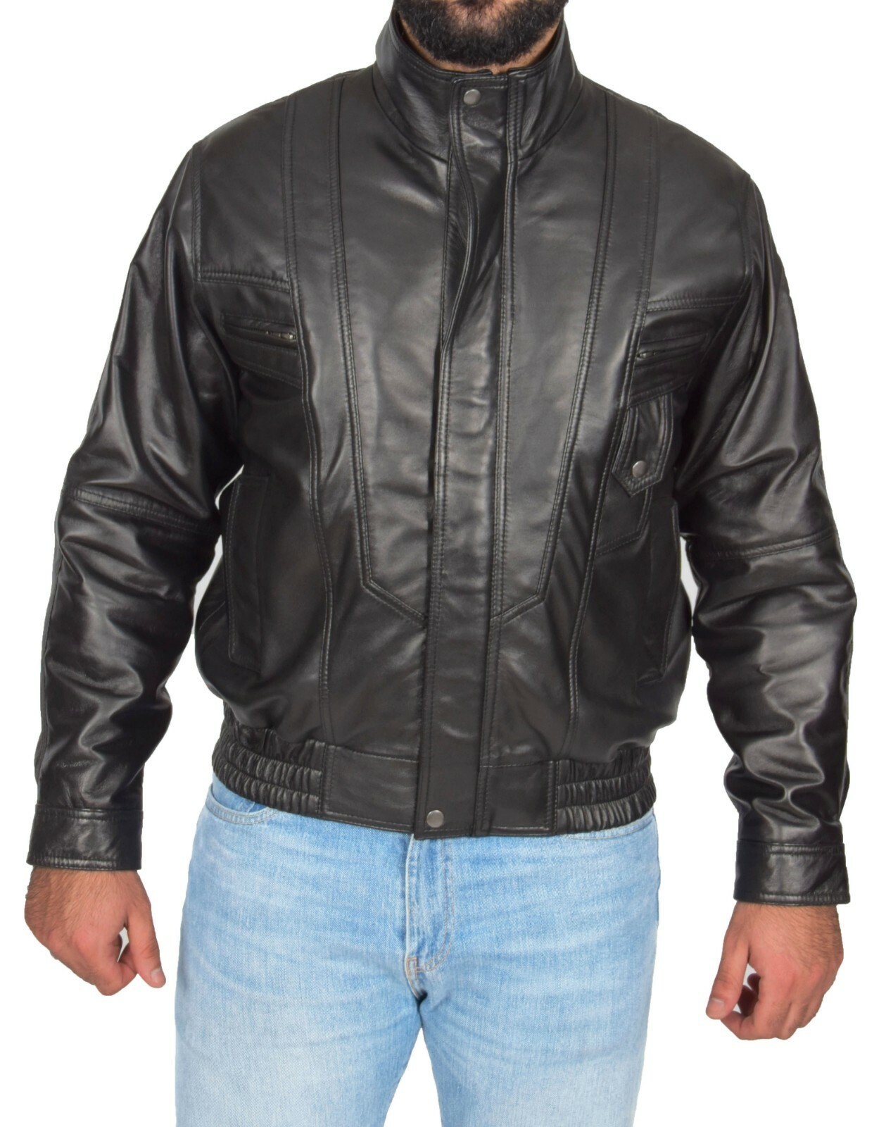 Gentlemens Bomber Soft Black Leather Jacket Classic Blouson Comfort Fit Coat NEW
