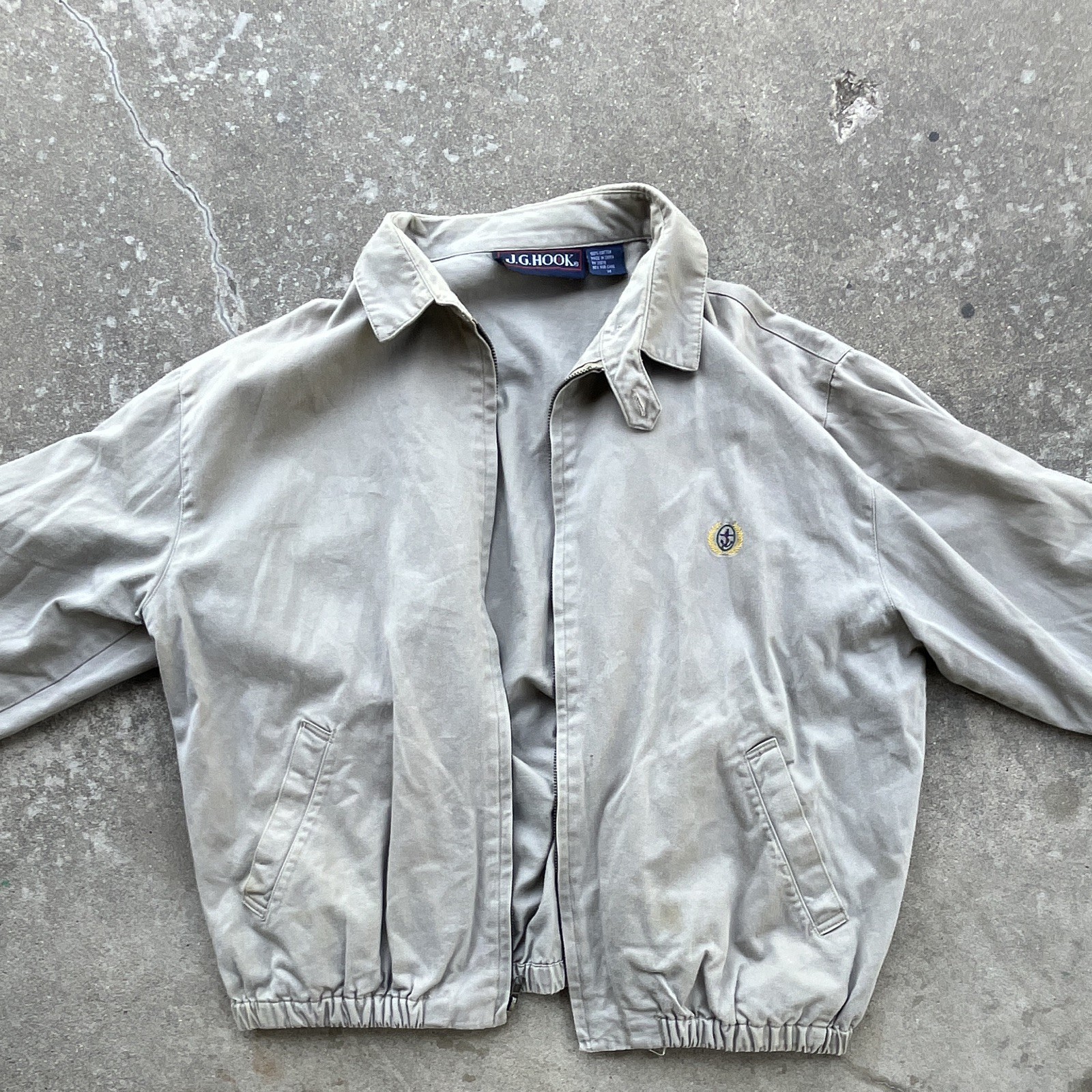 Vintage J.G. Hook Men’s M Beige Full Zip Short Jacket Pockets Embroidered Logo