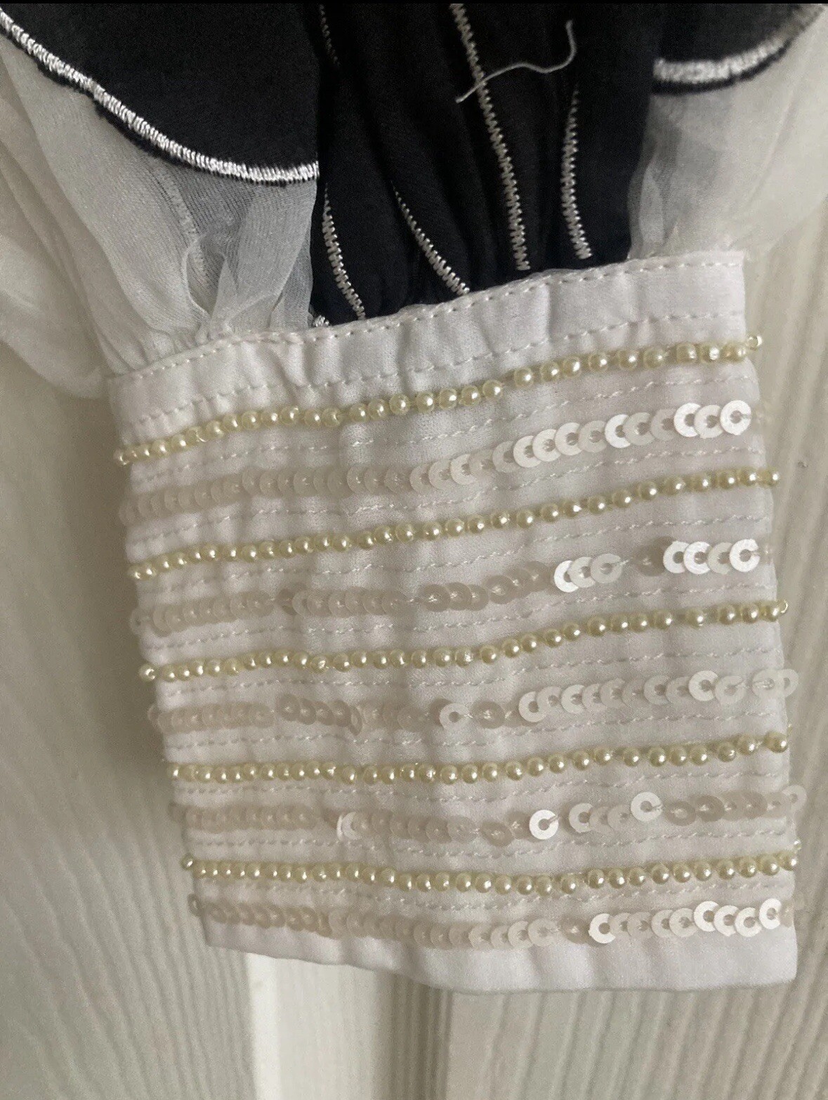 £229 Karen Millen Organdie Applique Balloon Sleeve Blouse UK 8 Black White