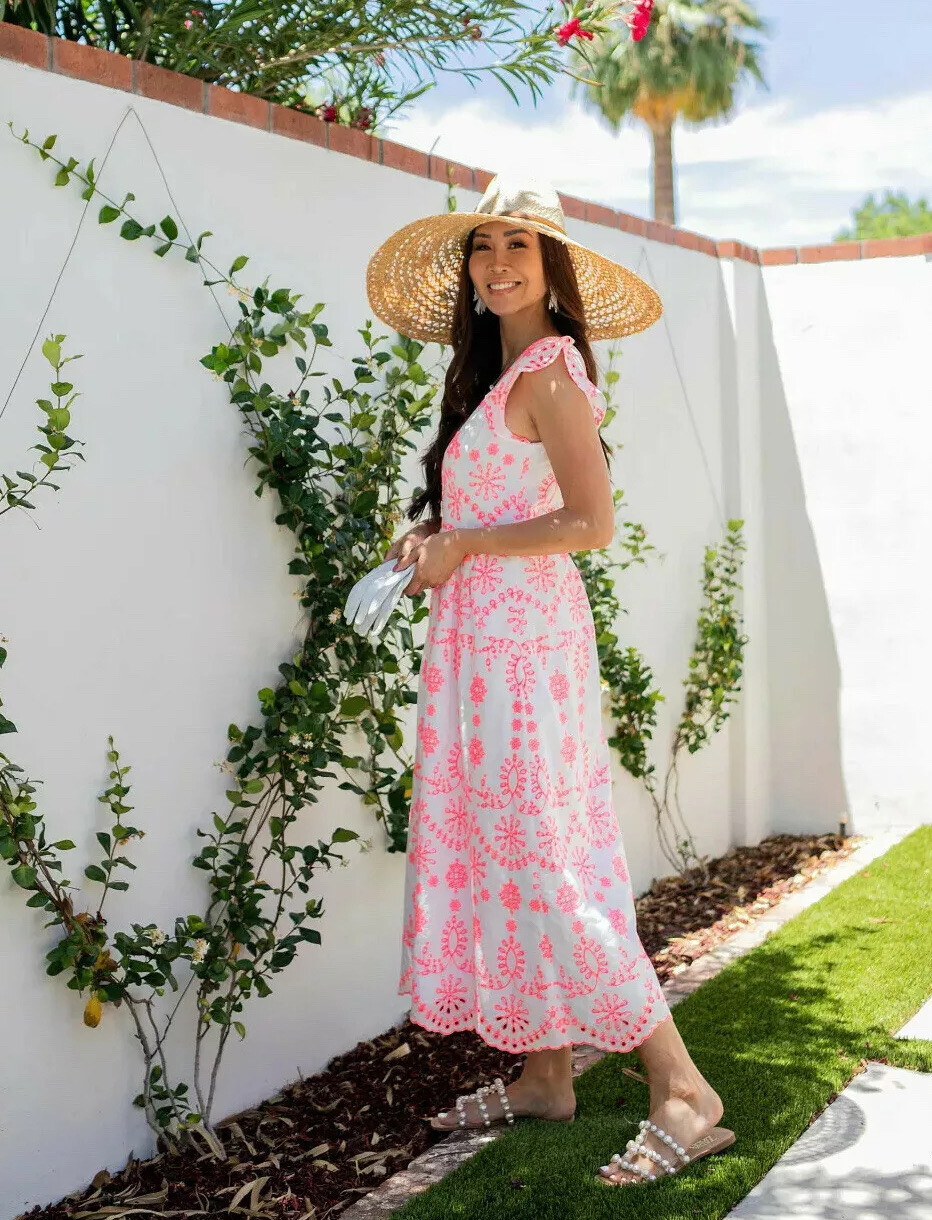 Lilly Pulitzer NWT Lillyanne Midi Dress Coral Neon Eyelet $298 Size 0,4,8,10