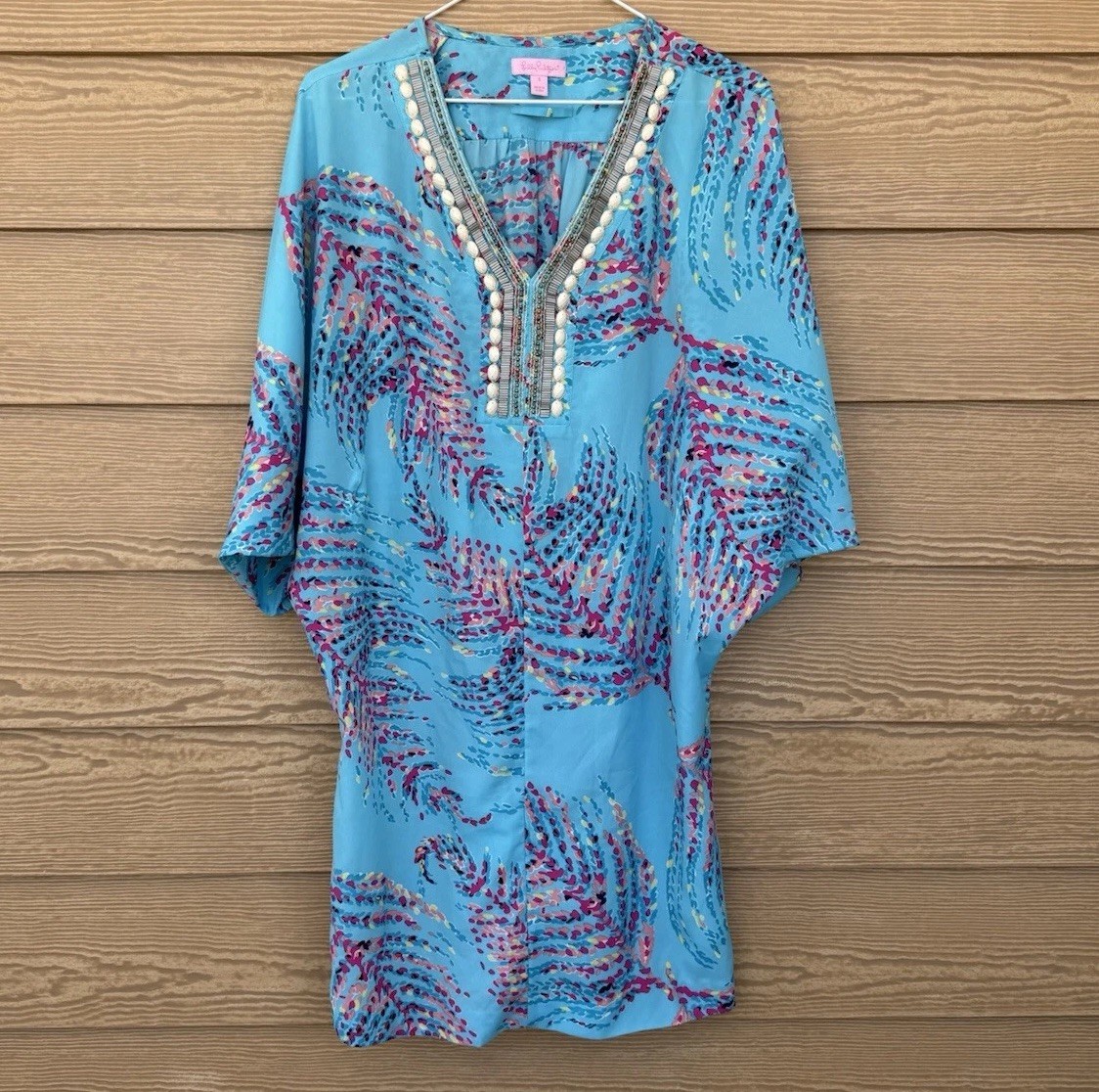 Lilly Pulitzer Wilda Bright Blue Beaded Neck Caftan Dress 238 Shorely Br G2U
