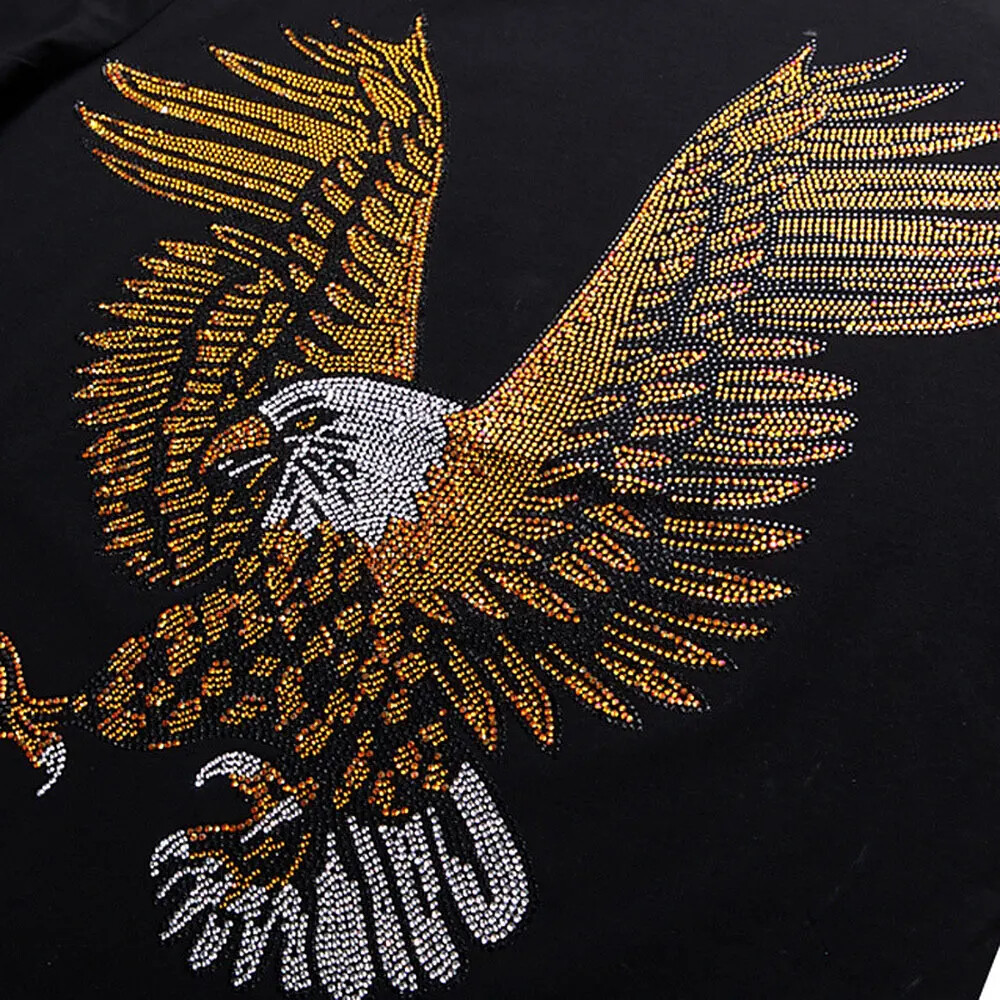 Fashion Trend Eagle Rhinestones Streetwear Long Sleeve Luxury Men V-Neck T-Shirt