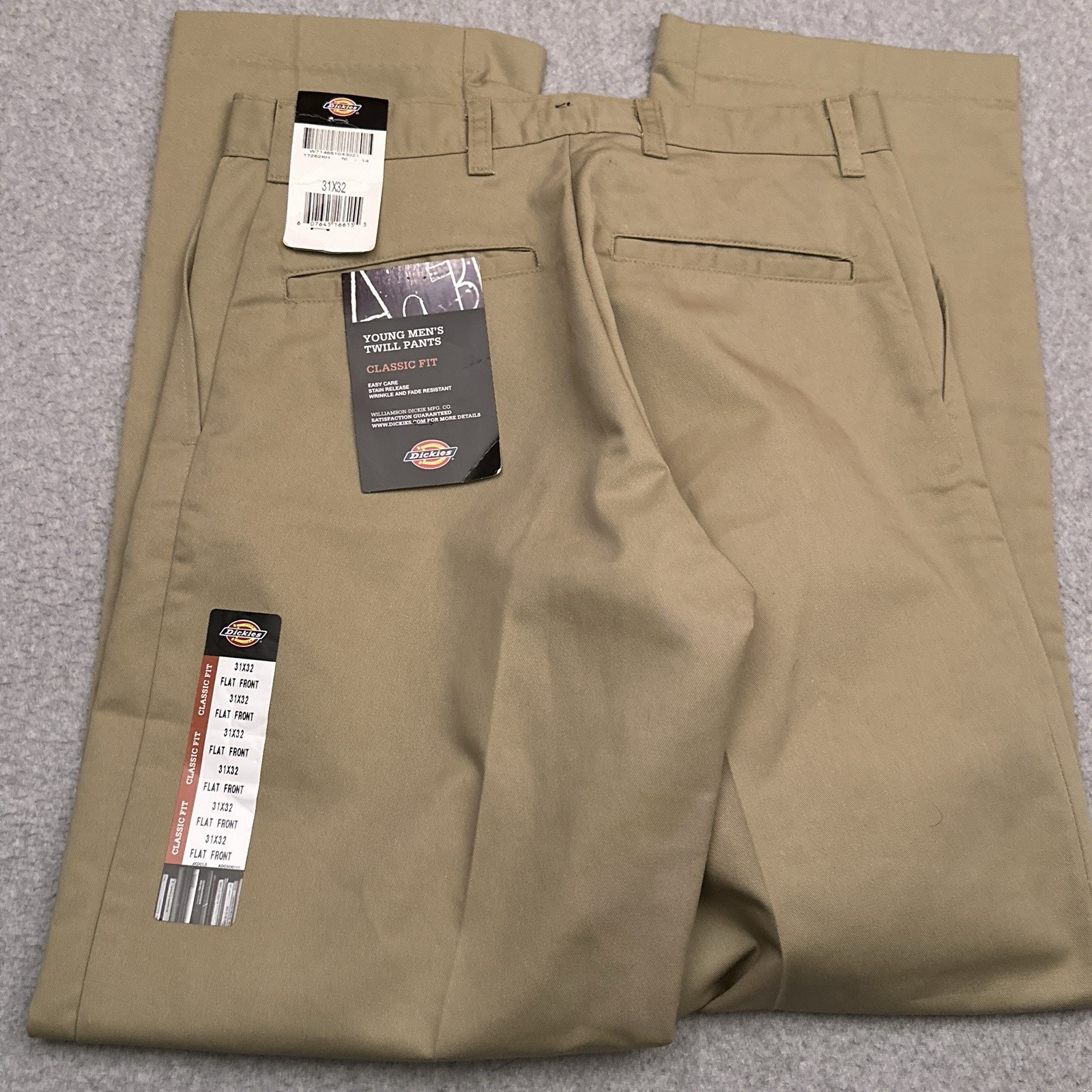 NEW Dickies Young Men’s Twill Pants 31X32 Classic Fit Flat Front Beige Workwear