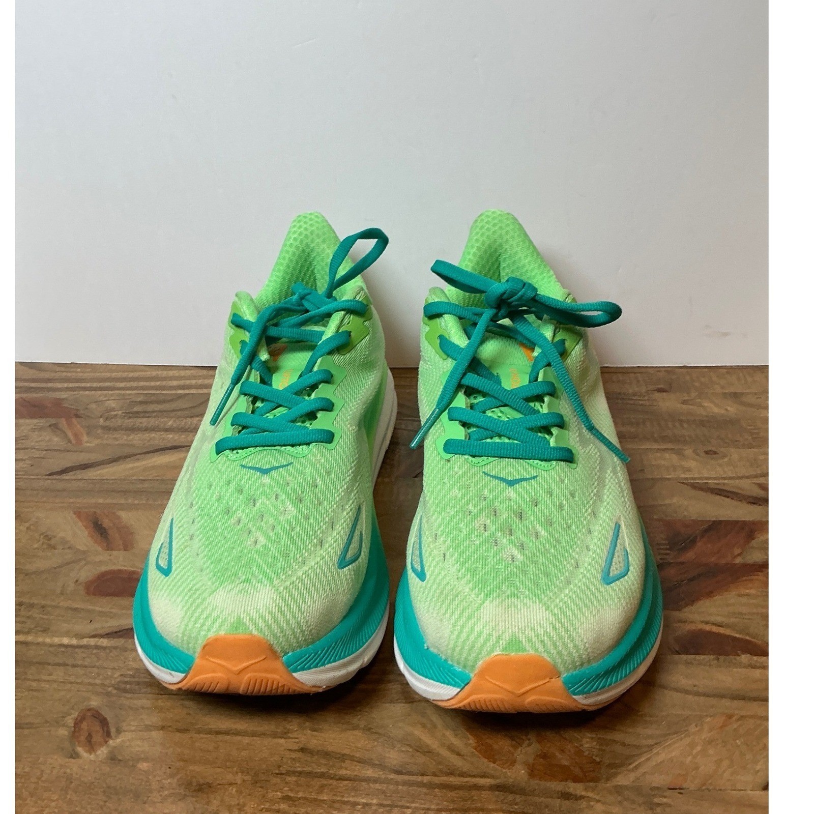 HOKA Clifton 9 Women Running Shoes Size 7D Wide Green Lime Orange 1132210 ZLGL