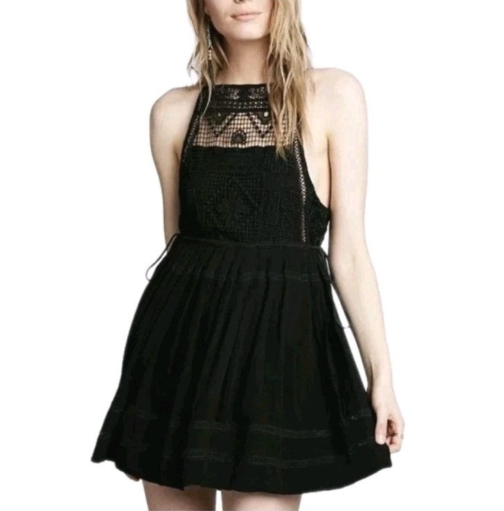 Free People Emily Crocheted Mini Dress Black Lined Pleated Tasseled Boho Size S