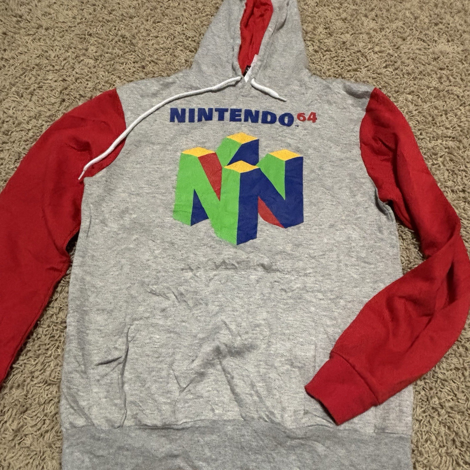 Men’s Nintendo 64 Logo Heathered Gray Red Sleeves Hooded Sweatshirt S