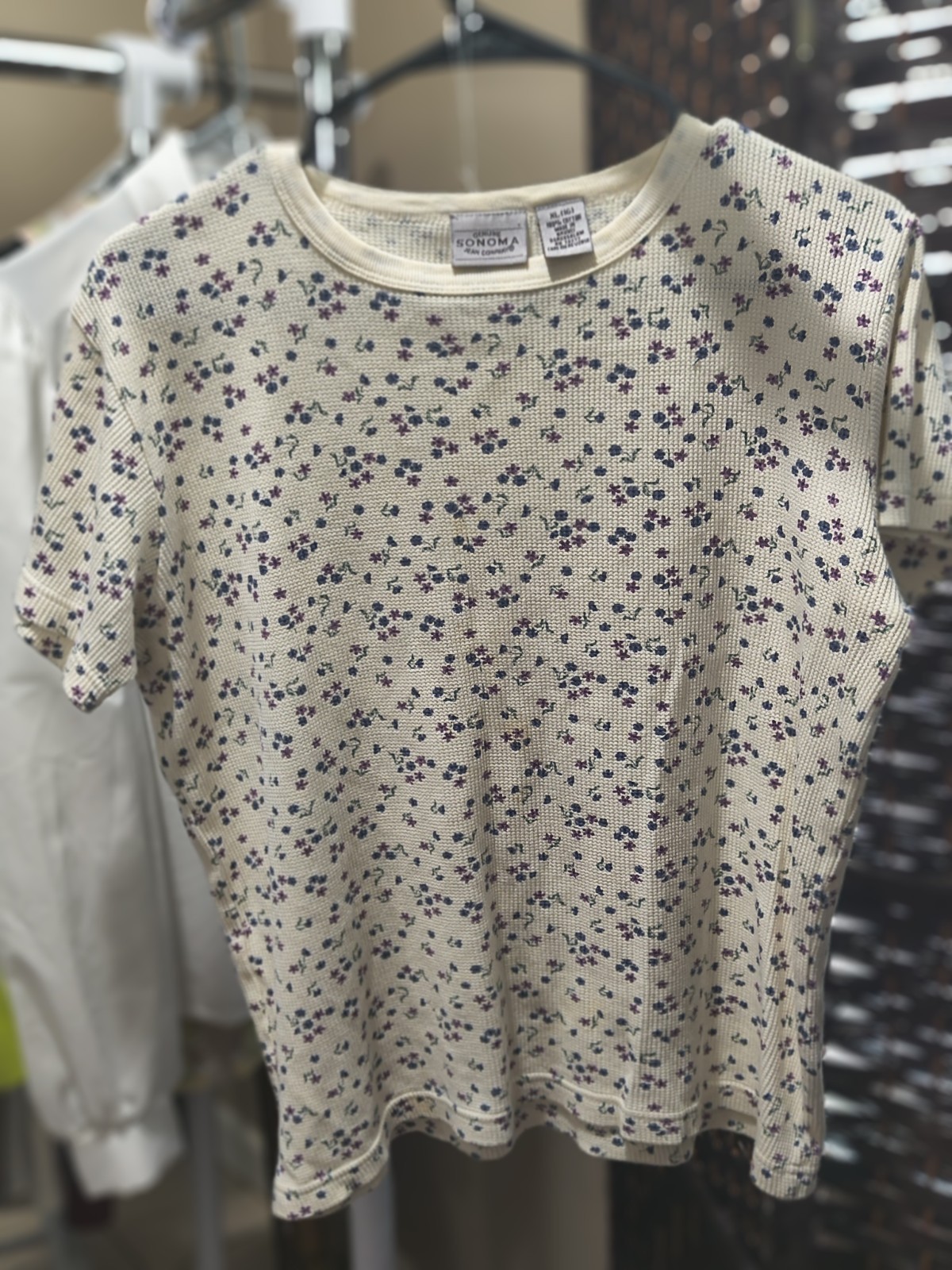 SONOMA Womens XL Beige Floral Knit Crew Neck Short Sleeve T-Shirt Vintage 90s