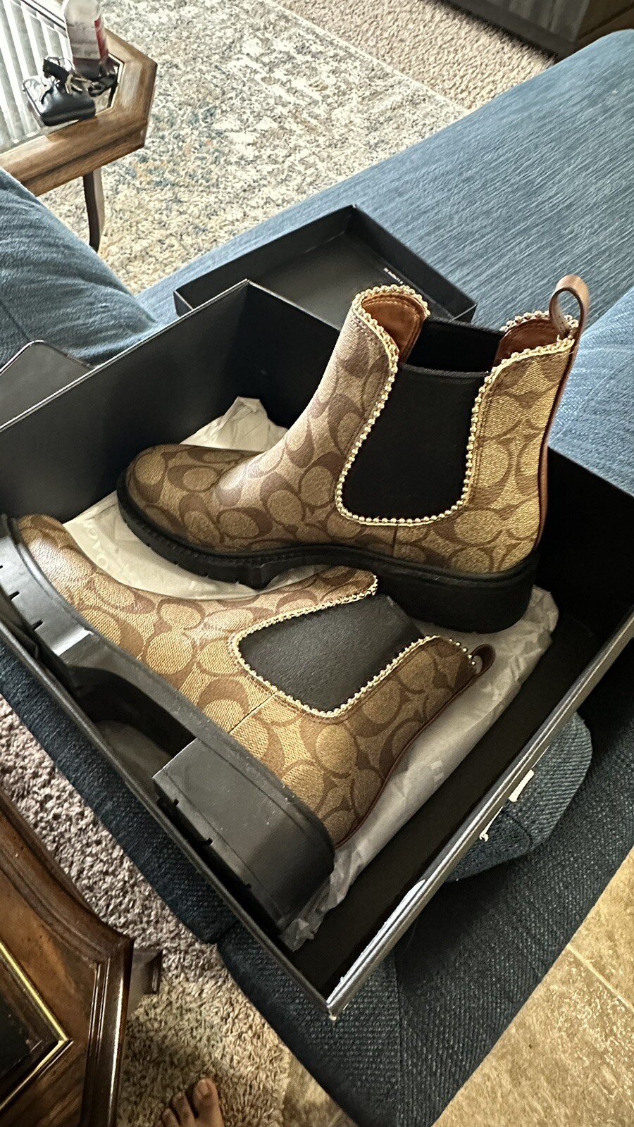 COACH Women’s Brown Show Size 7 Signature Leather Coated Canvas Lory Bootie