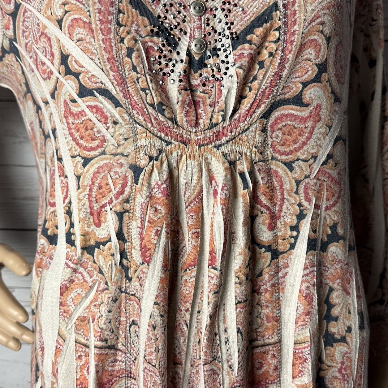 Vintage 90s One World Tunic Large Pink Tan Black Orange Paisley Rhinestone Shirt