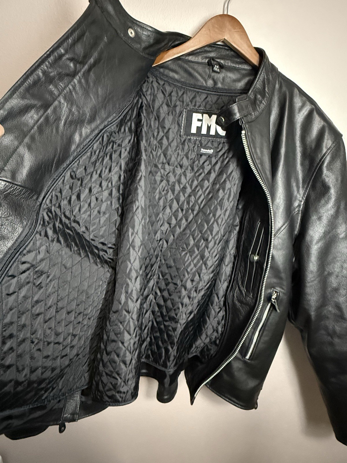 FMC Black Leather Motorcycle Jacket Zipper Pockets Blade Collar Mens 5X