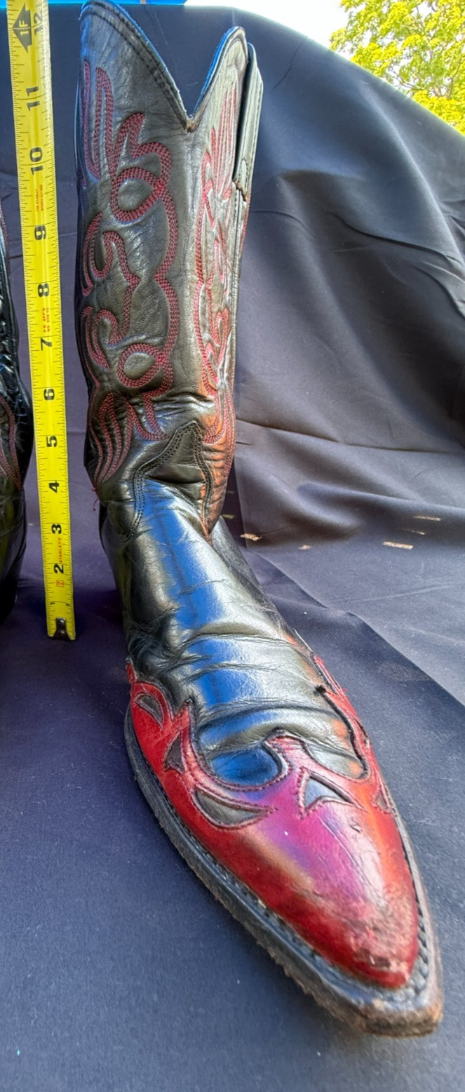 RARE🔥 J Chisholm Western “Honky Tonk” Red & Black Leather Cowboy Boots 8M