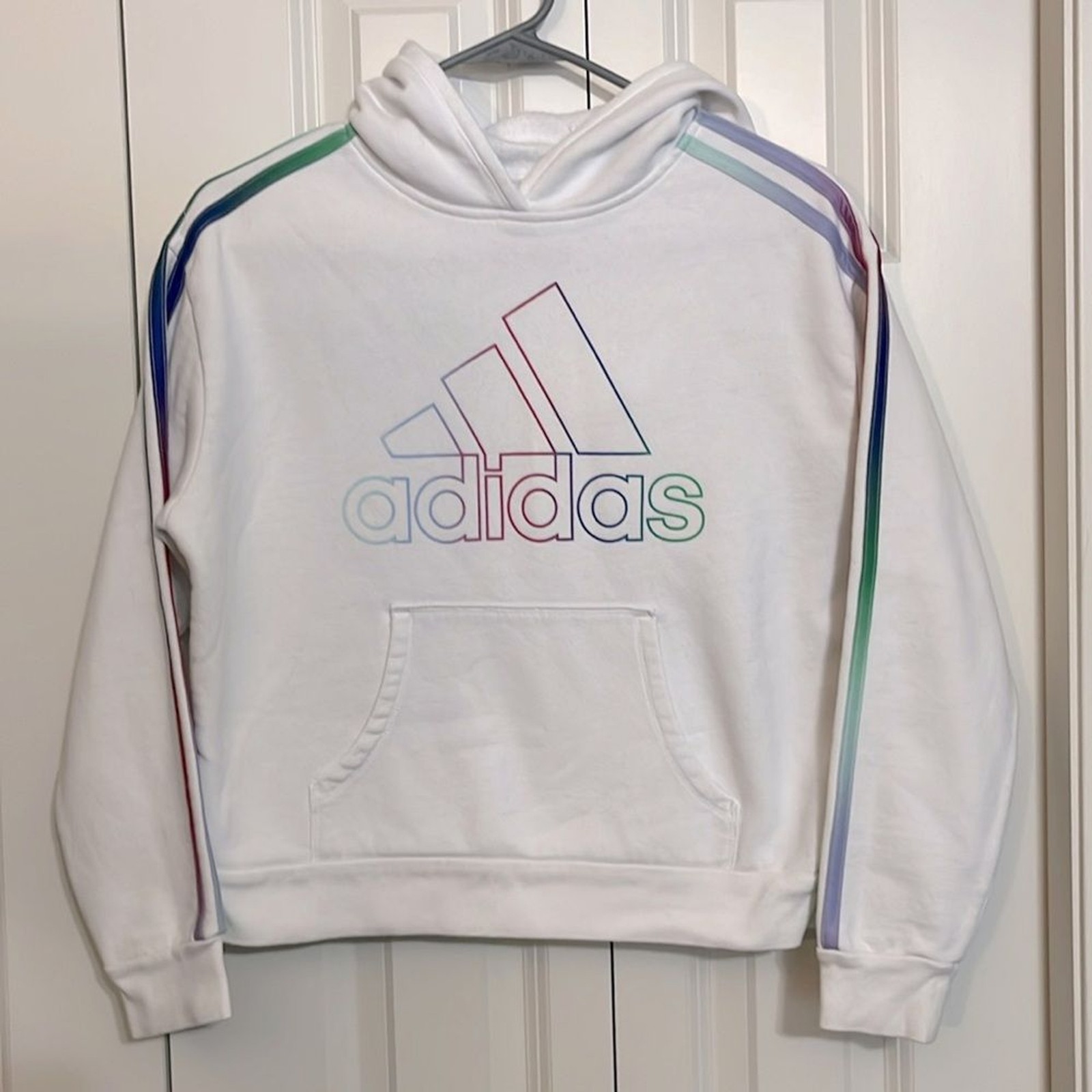 Adidas Retro design Hooded White Sweatshirt with multi colored stripes