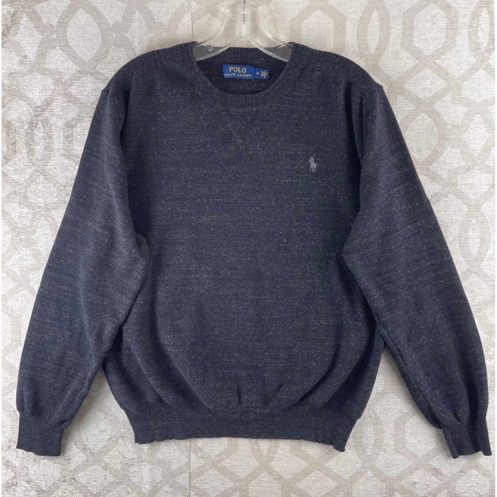 Polo Ralph Lauren Crewneck Sweater Mens M Black Gray Marled Cotton Knit Pullover