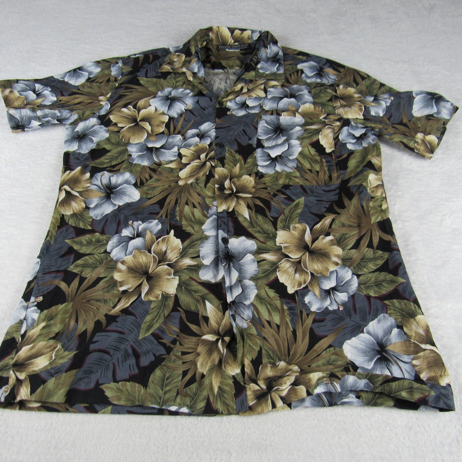 David Taylor Hawaiian Shirt Men’s Medium Black Tropical Floral Camp S/S
