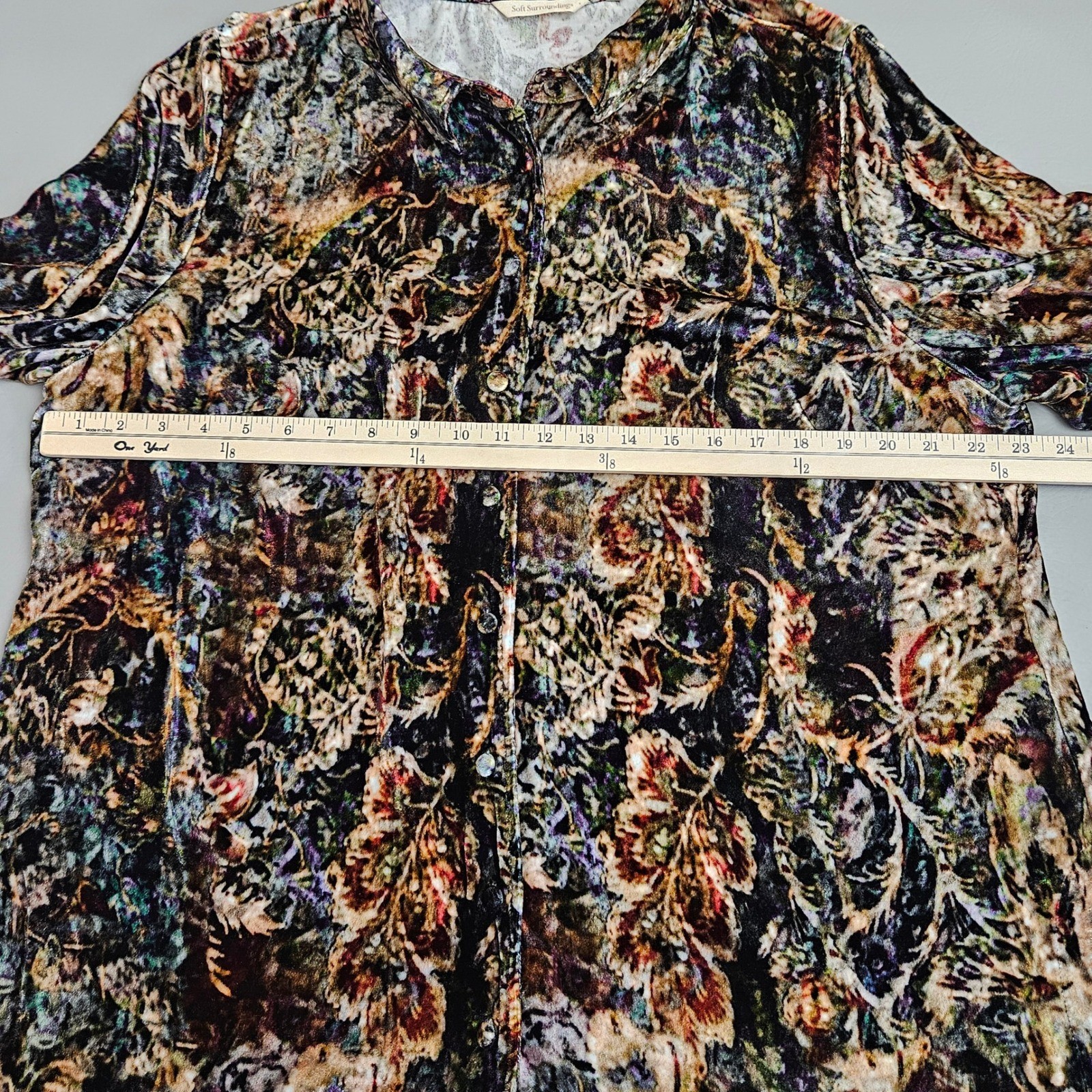 Soft Surroundings Silk Blend Velvet Floral Tapestry Button Down Shirt 1X 5EM11