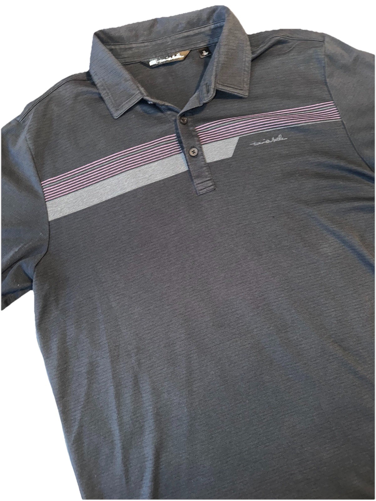 Travis Mathew Striped Polo Shirt Mens Size Large Black Pink Golf Lightweight