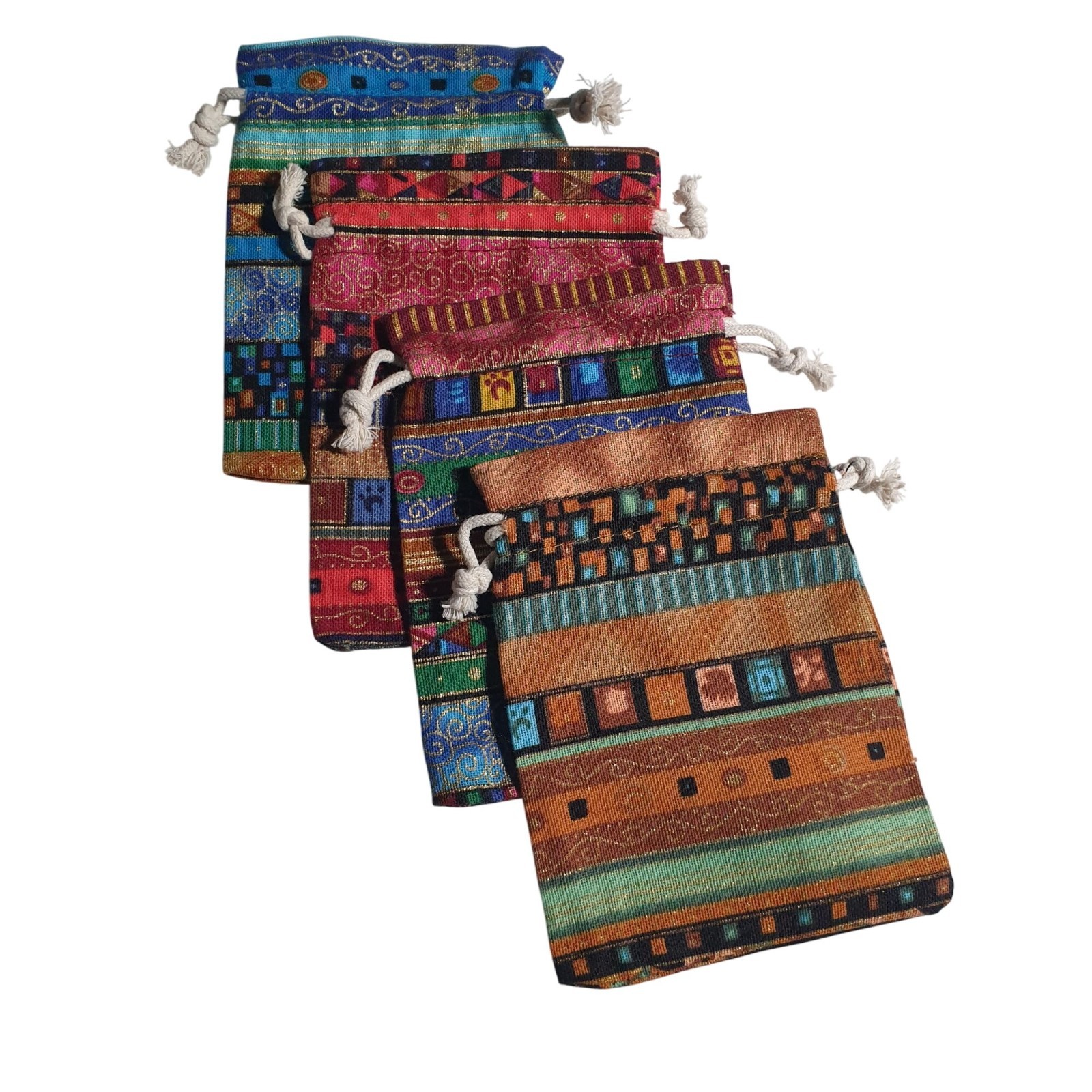 Decorative Drawstring Pouch Set Multicolor Woven Fabric Boho Assorted Patterns