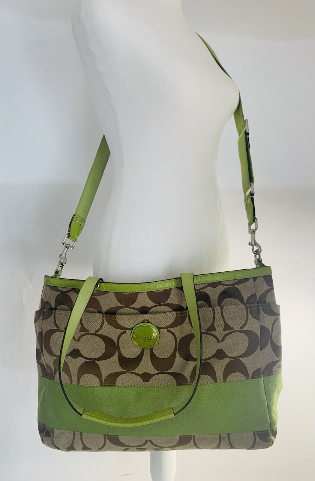 Coach Signature Stripe Tan Apple Green Leather Trim Large Tote Y2K