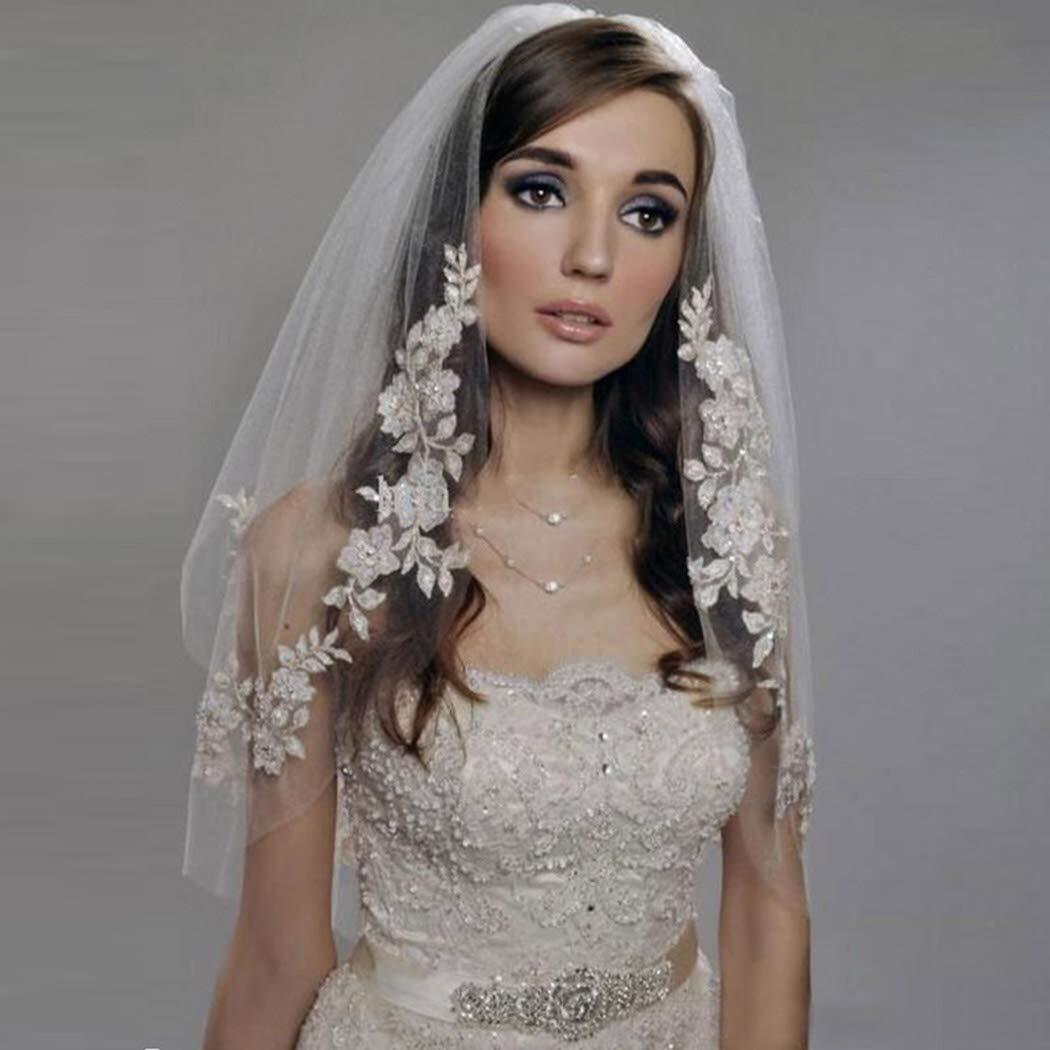 2 Tiers Wedding Veil Lace Edge Waist Length Short Bridal Veil with Comb