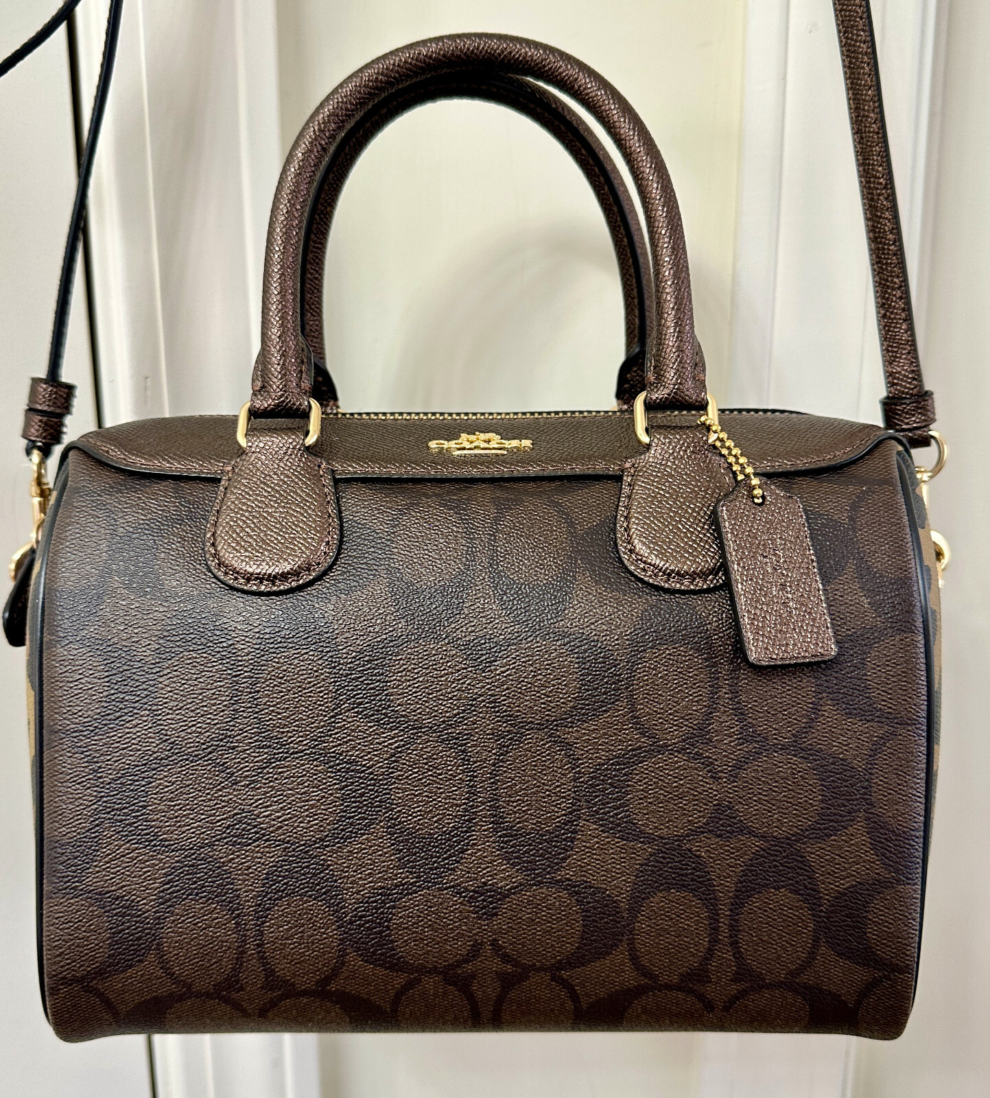 COACH Signature and Leopard Print Mixed Mini Bennett Satchel