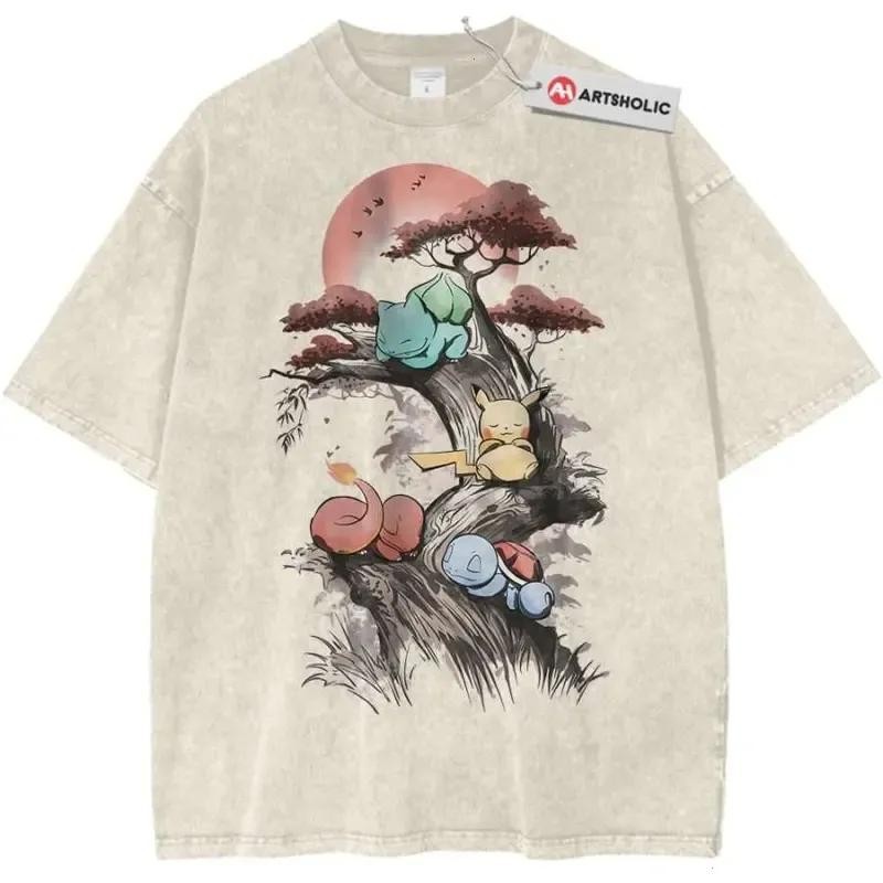 Pokemon Bulbasaur Squirtle Pikachu Vintage Washed Oversized Graphic Tee Cotton