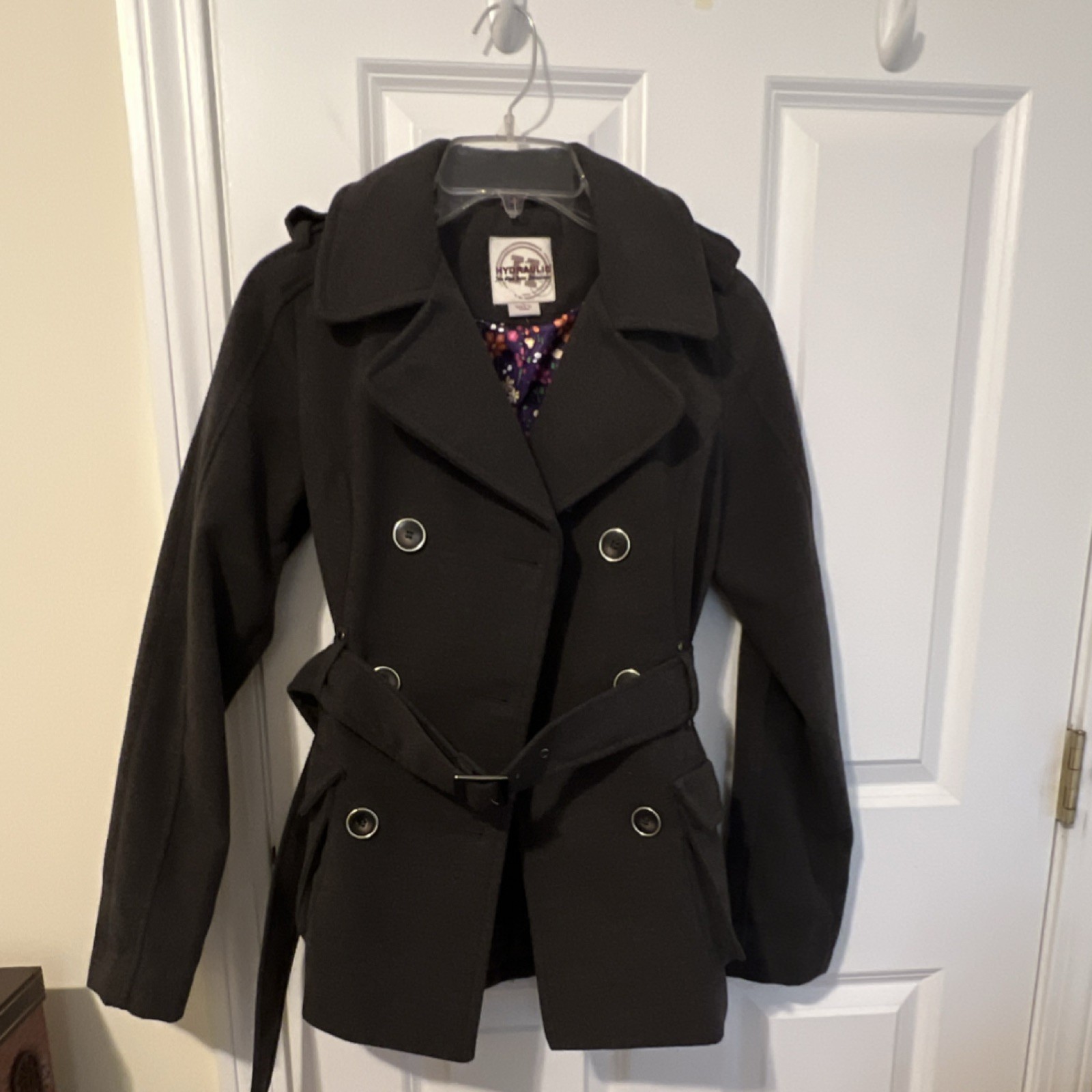 HYDRAULIC Women’s Dark Gray Double-Breasted Belted Lined Pea Coat Size S