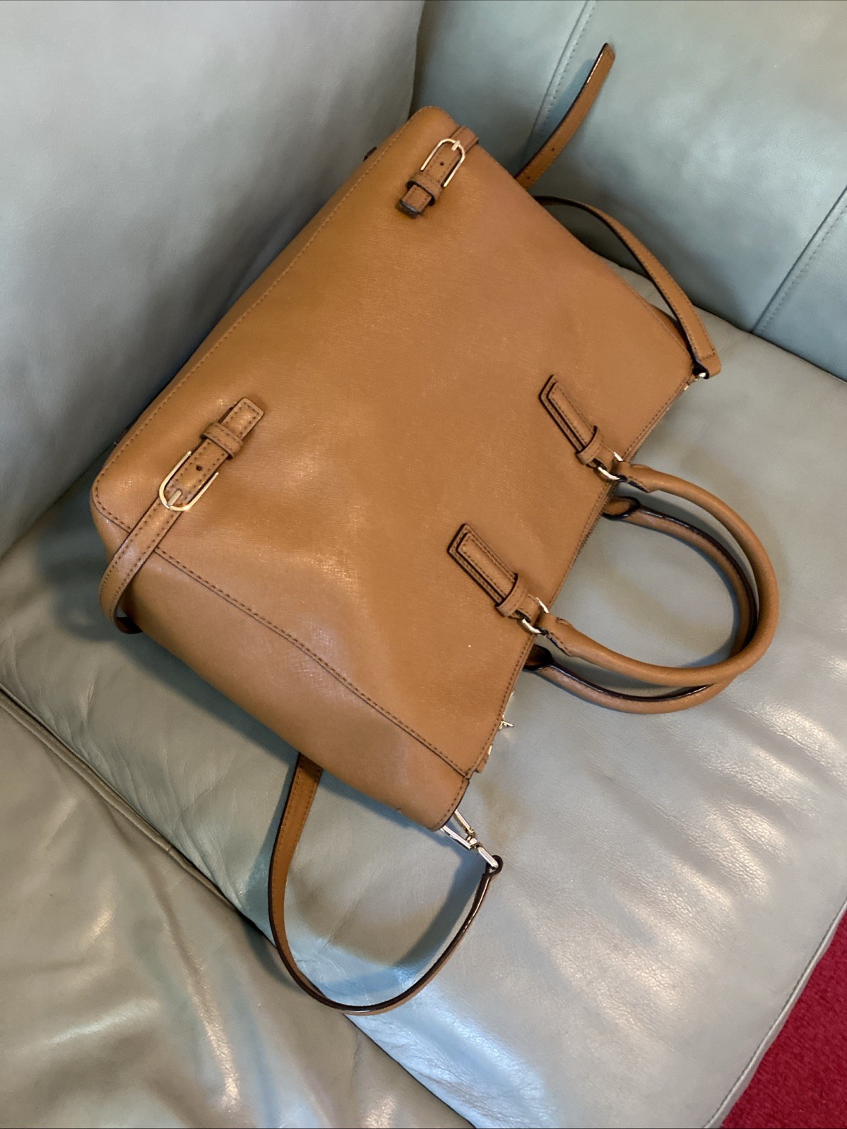 Tory Burch Robinson Tigers Eye Tan/Brown Saffiano Leather Handbag Satchel Nice