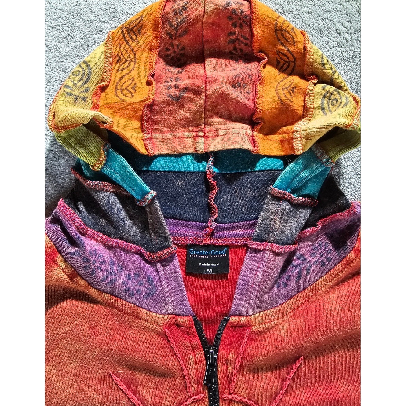 GreaterGood Boho Patchwork Zip Up Hoodie Sun Embroidery Nepal Jacket L/XL