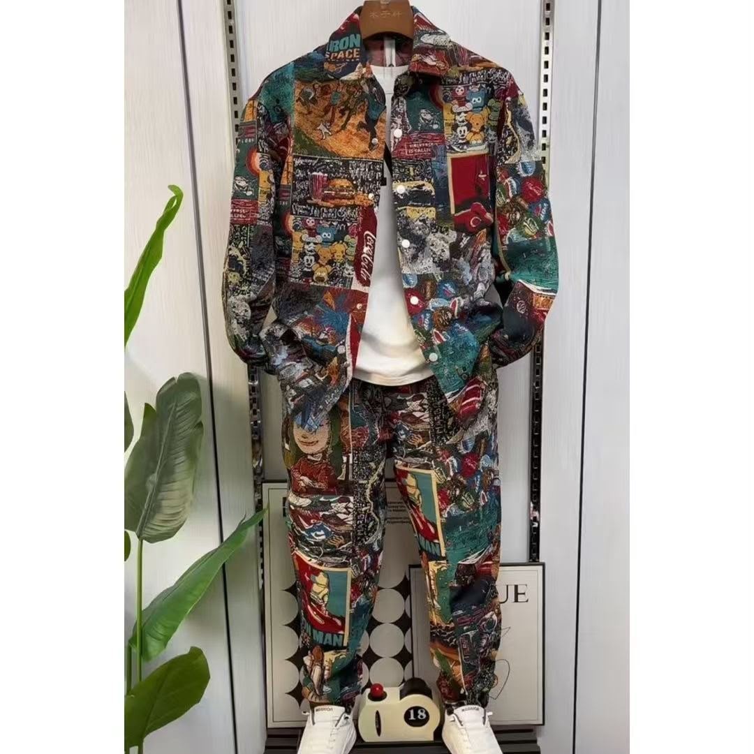 Men Graphic Print Jacquard Tracksuit Set Casual Button Jacket Jogger Pants