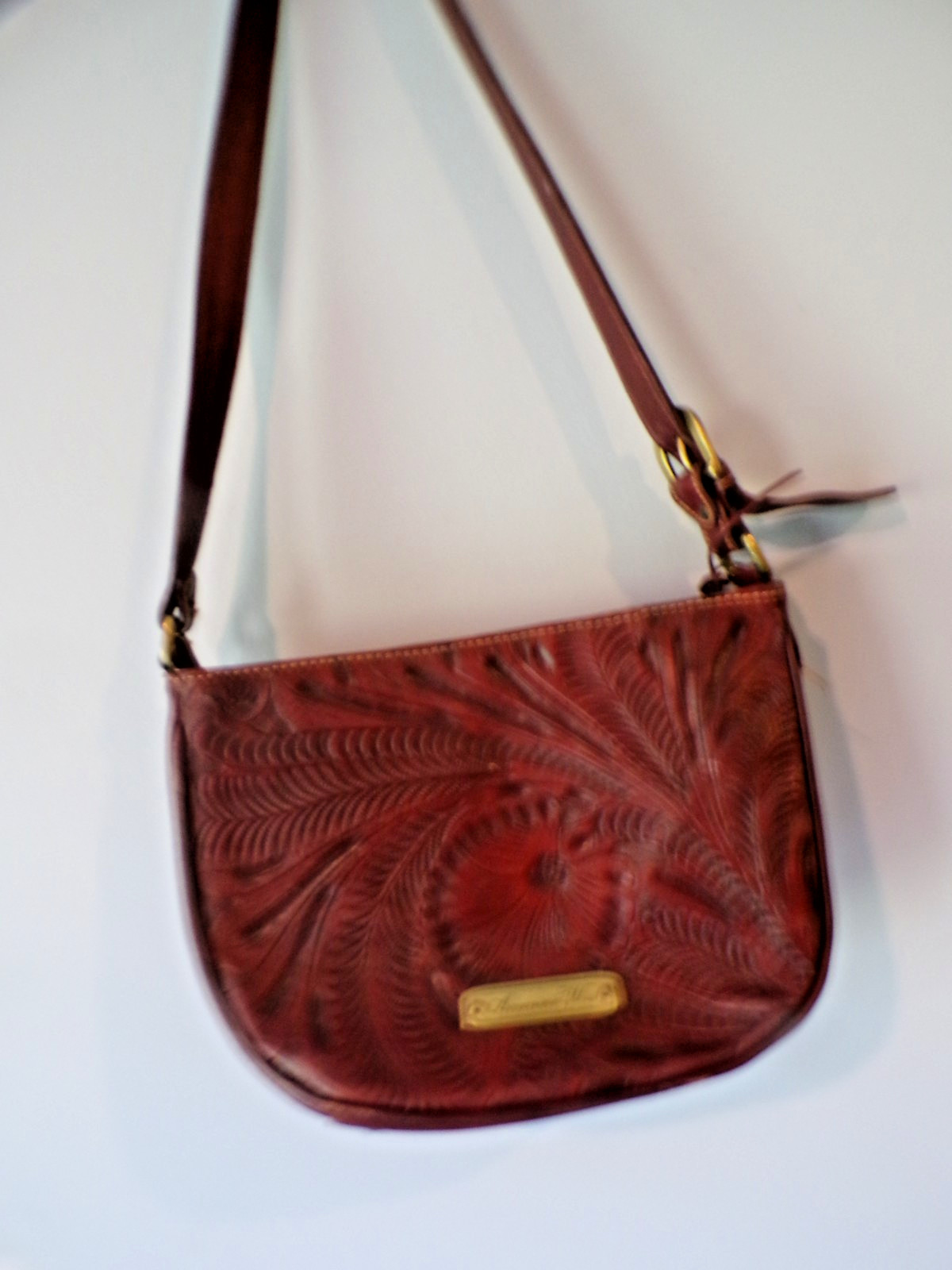 American West Hand Tooled Design Leather Handbag, Deep Red