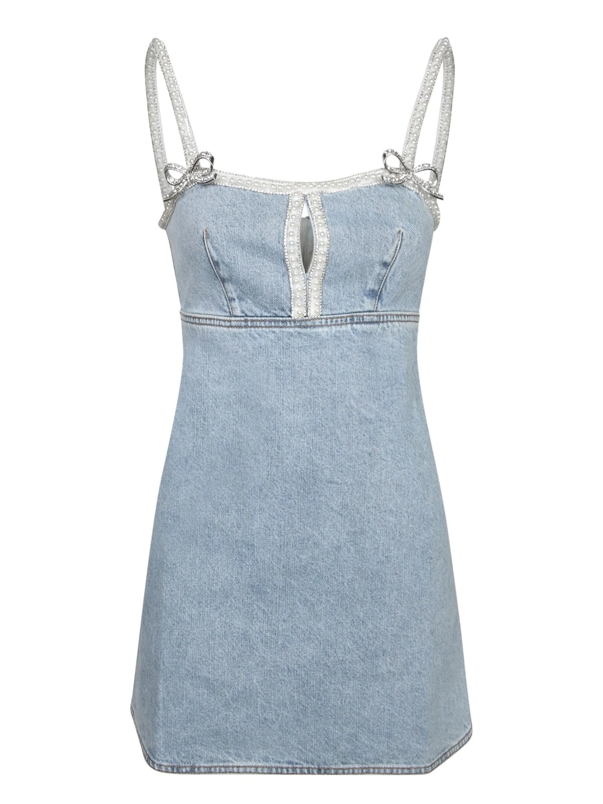 Self-Portrait LIGHT Denim RHINESTONE Pearl-Trim BOW Minidress CUTOUT SZ 8 NWT