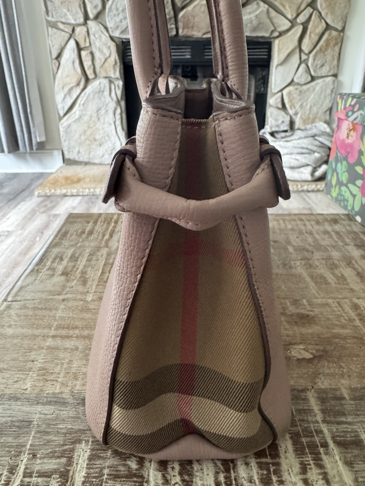 BURBERRY Pink Pebbled Satchel Top Handle Check Panels Gold Hardware COA