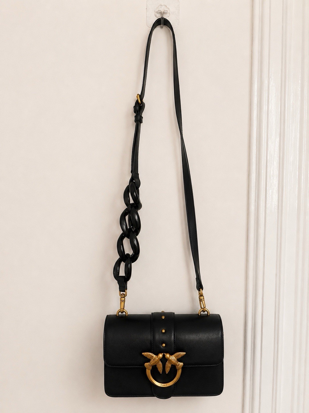 PINKO Black Crossbody Bag Gold Bird Logo Hardware Magnetic Zip + Dust Bag