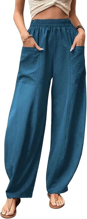 Casual Elastic Waist Harem Pants Women with Pockets Summer Barrel Pants Palazzo