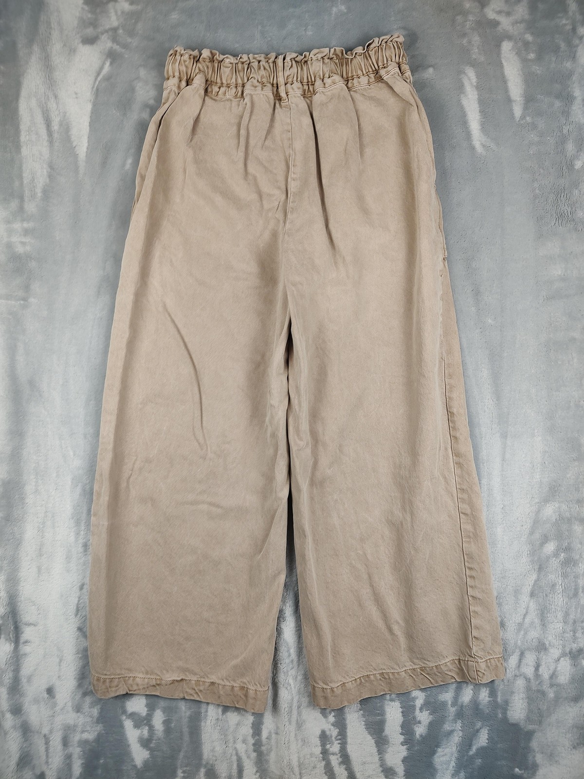 YFB Pants Womens Medium Beige Paperbag Wide Leg Cropped Twill Pockets Casual