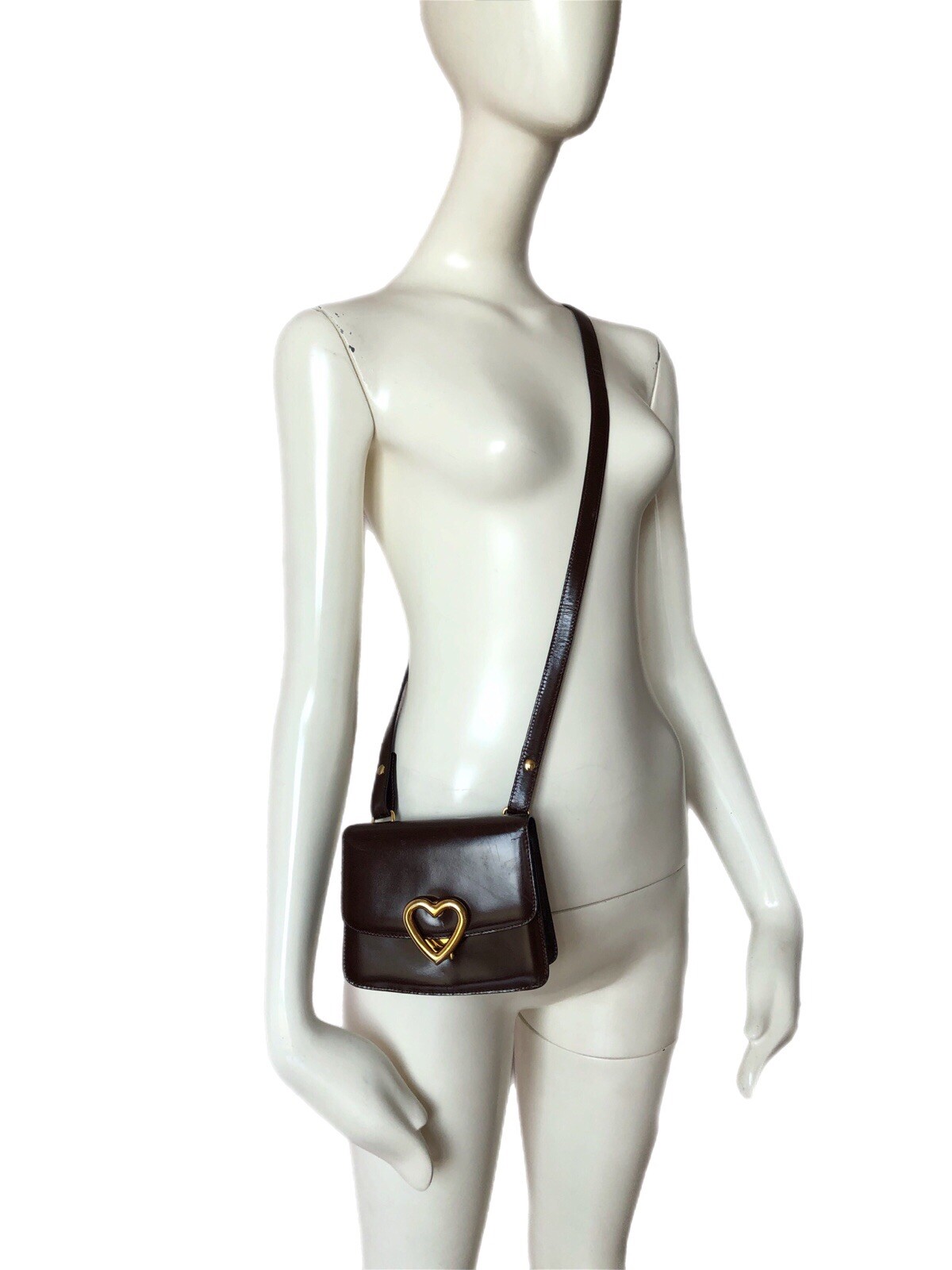 MOSCHINO Redwall Vintage Brown Leather Heart Shoulder Crossbody Belt Small Bag