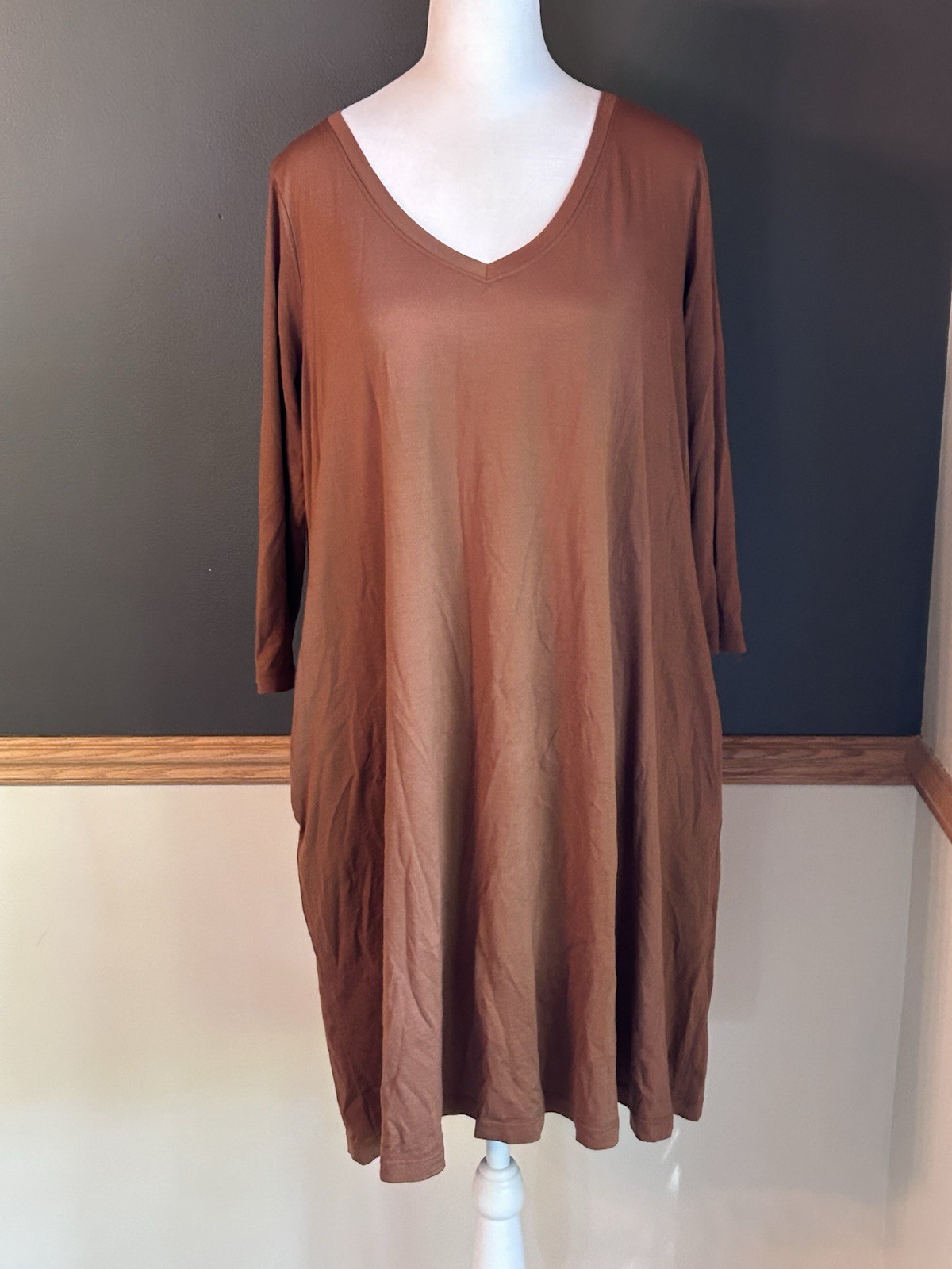 Wool& Wooland Rowena Merino Wool Blend V-neck Swing Dress Large Long Terracotta