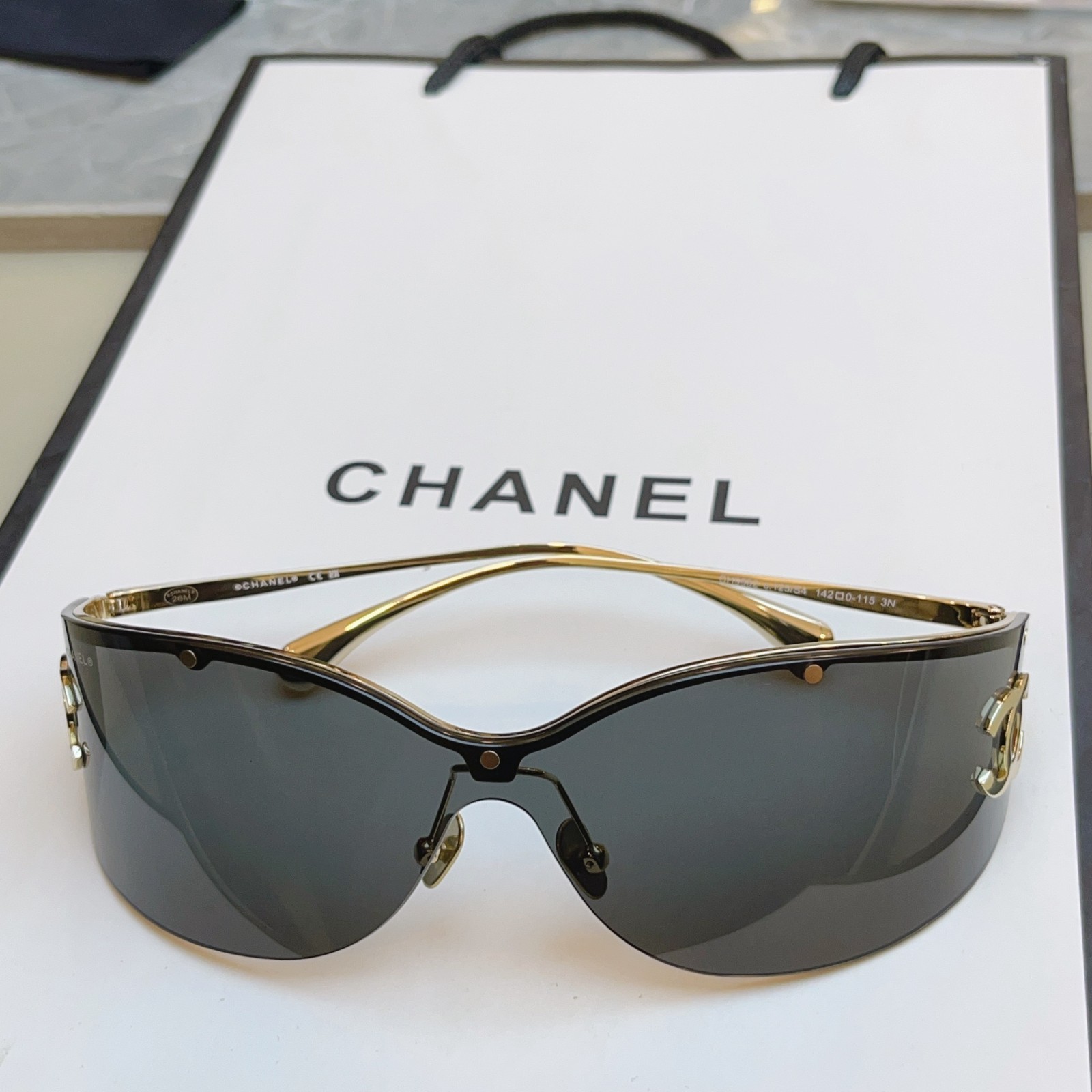 Chanel CH6058 Gold Shield Sunglasses Dark Grey Mirror Lens Large CC Logo Women