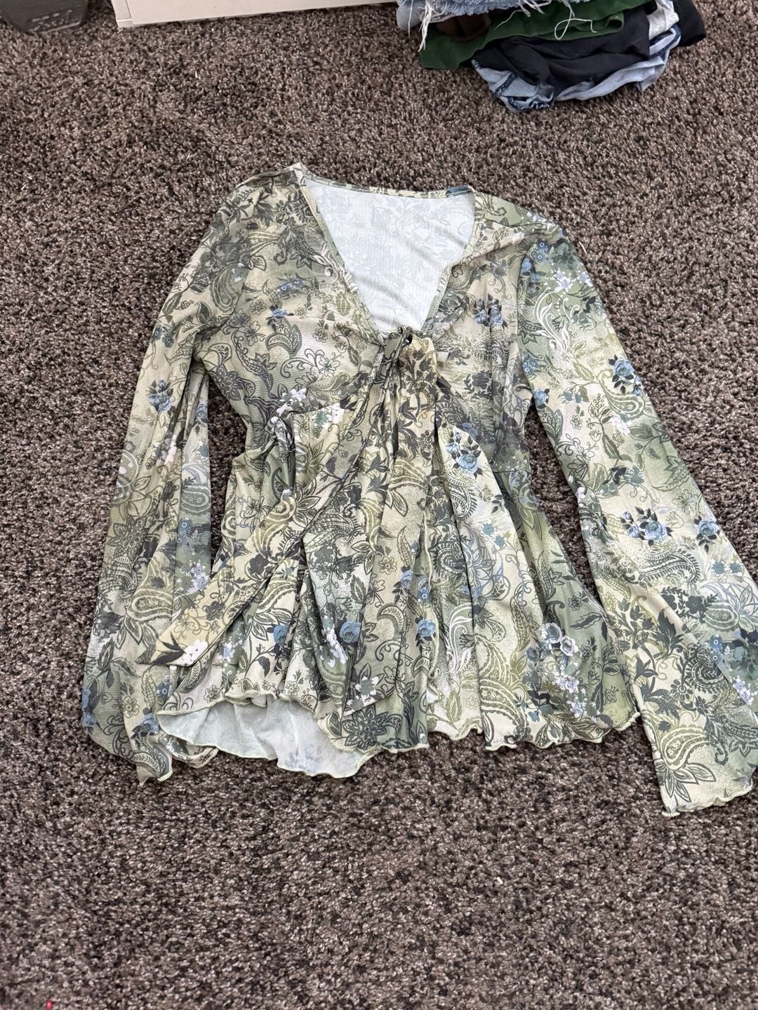 Women’s V-Neck Tie Front Sheer Mesh Bell Sleeve Peplum Blouse