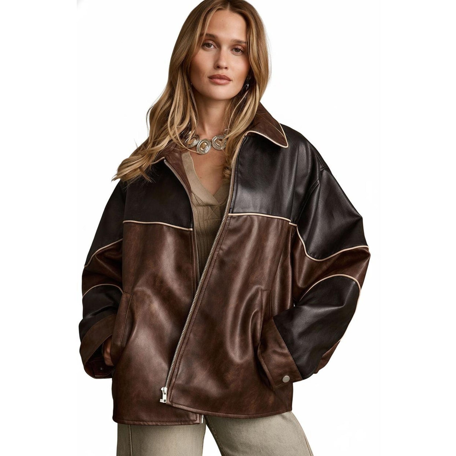 Women’s Real Leather Jacket Two Tone Brown Black Oversized Zip Up Coat