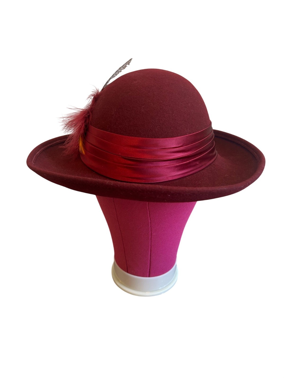 Vintage Geo W Bollman Burgundy Wool Hat With Satin Ribbon & Feather Accent