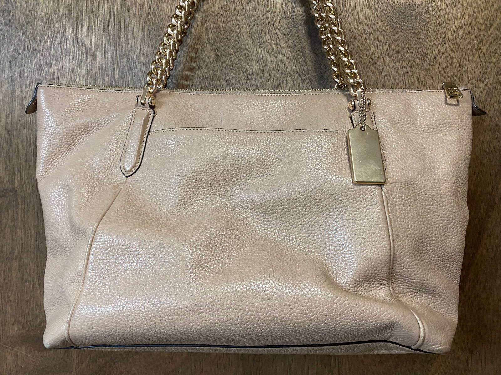 Coach Ava Chain Leather Tote Handbag Beige Shoulder Bag Purse 87775