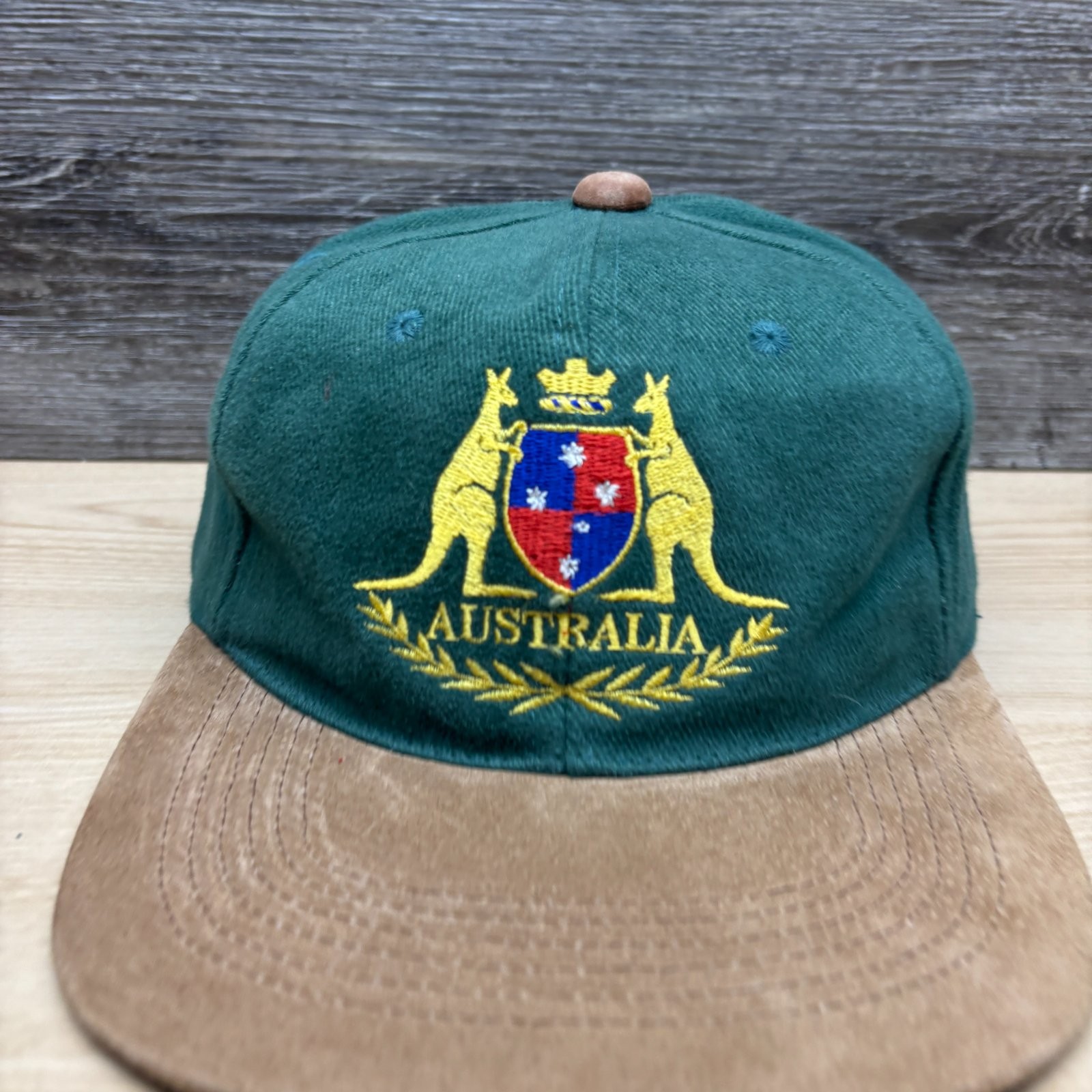 Vintage Australia Hat Cap Snap Back Green Tan Kangaroo Logo Mens