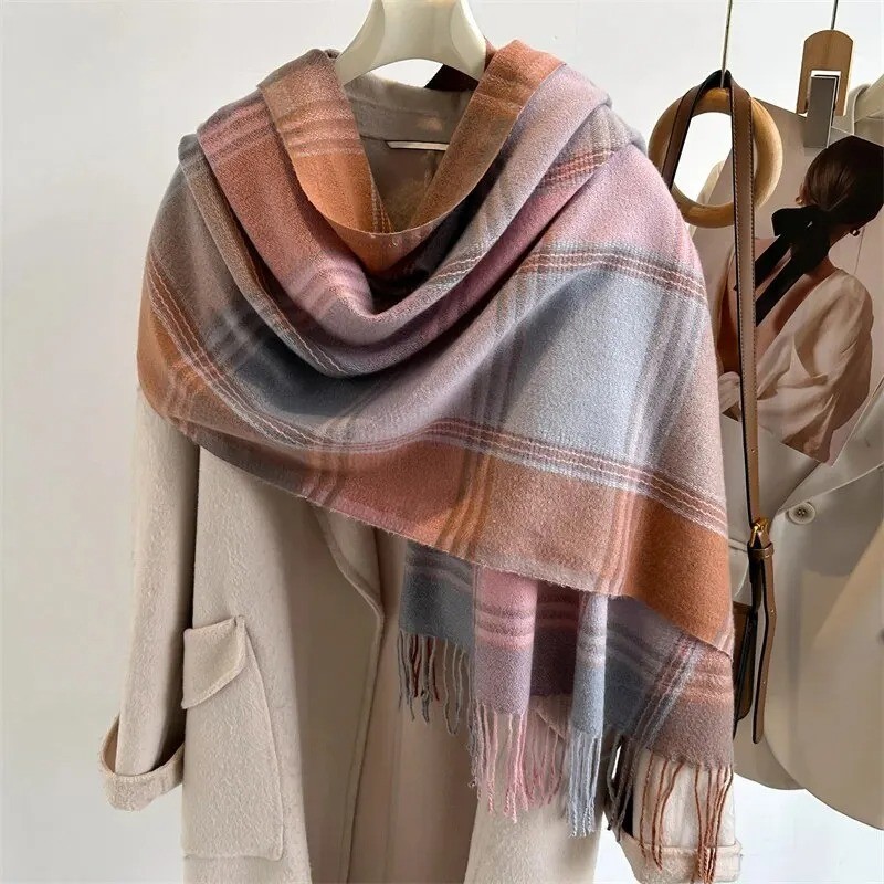 Women Plaid Cashmere Shawl Poncho Winter Pashmina Wrap Scarf Tassel