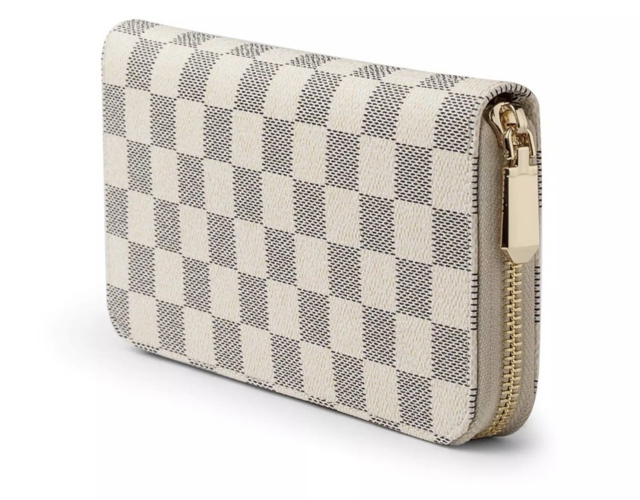 Cream Off White/ Grey Checkered Zip Wallet Clutch Wristlet Coin Card Cash Purse