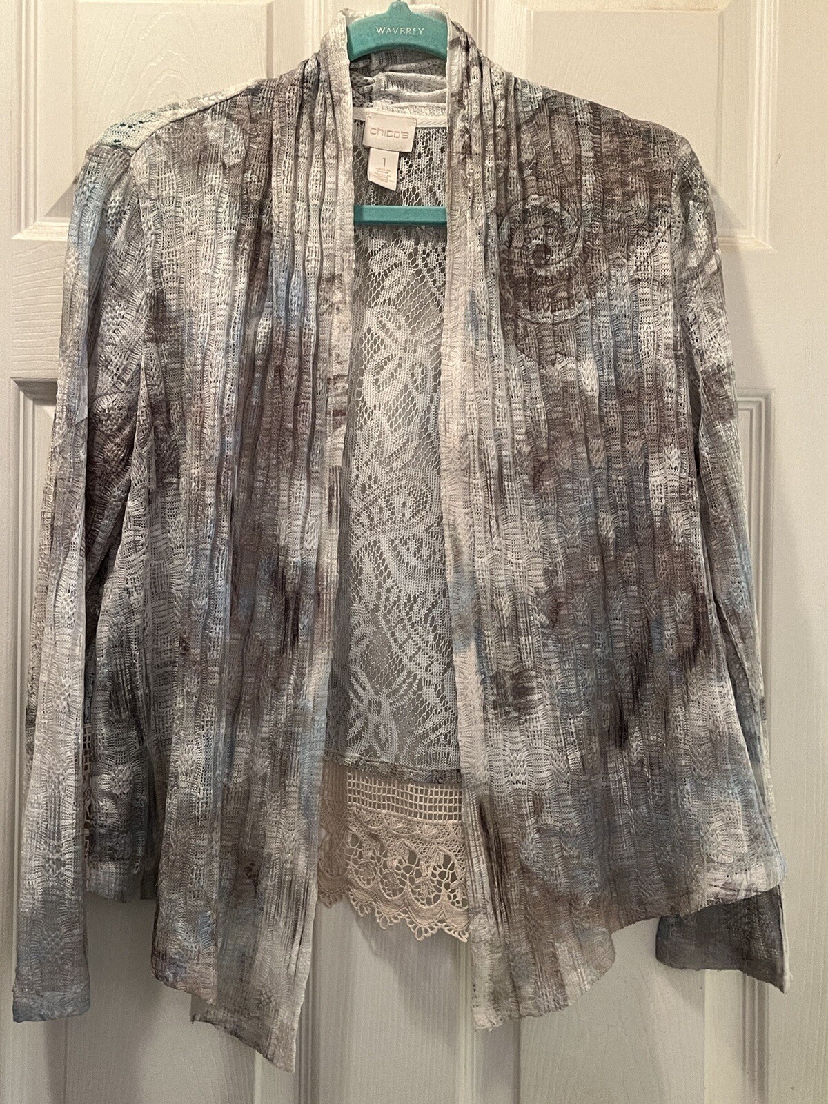 Chico’s Size 1 Lightweight Open Jacket Gauze Lace L/S Ivory/Gray/Blue Beauty
