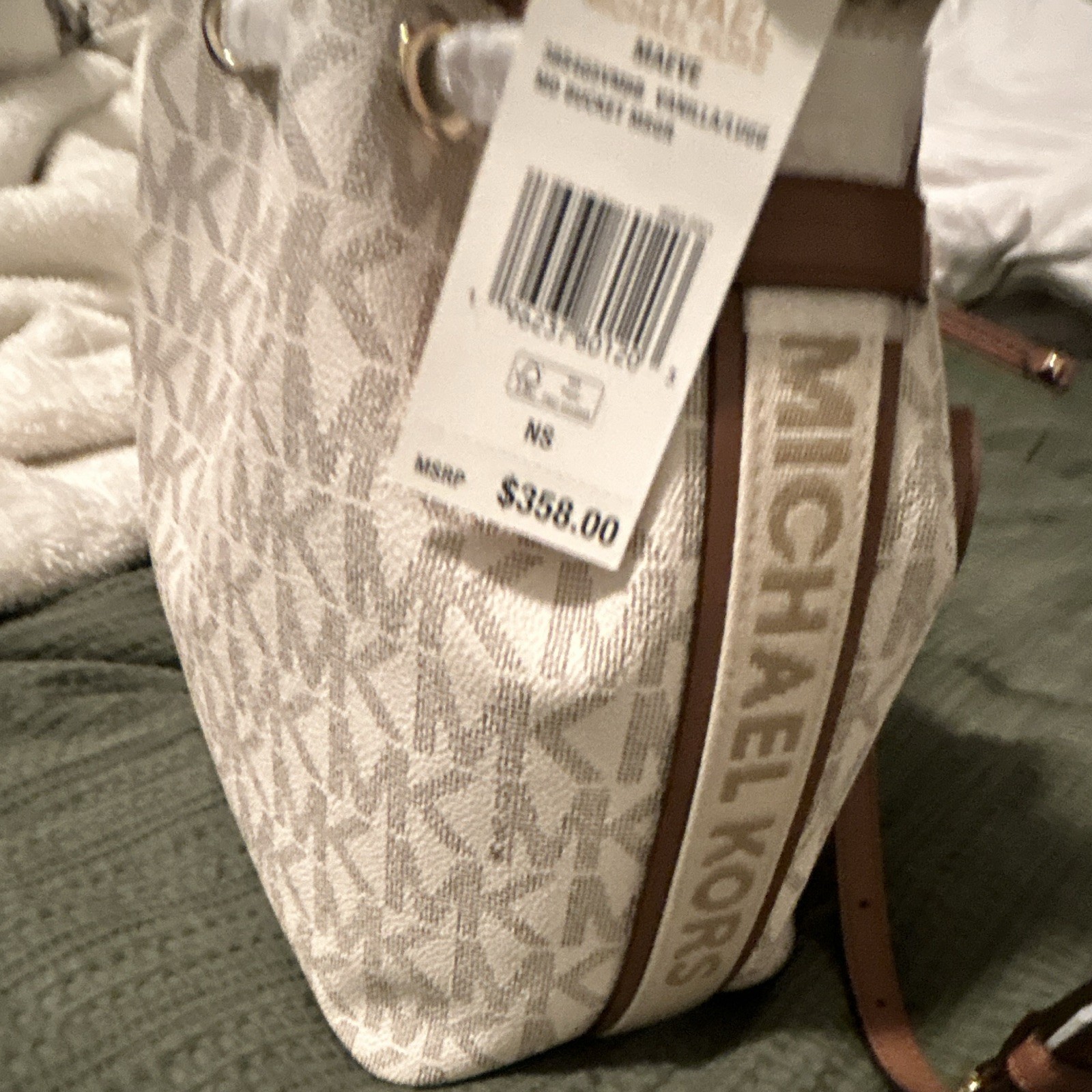 Michael Kors Monogram Bucket Drawstring Shoulder Bag Beige Brown Gold Hardware