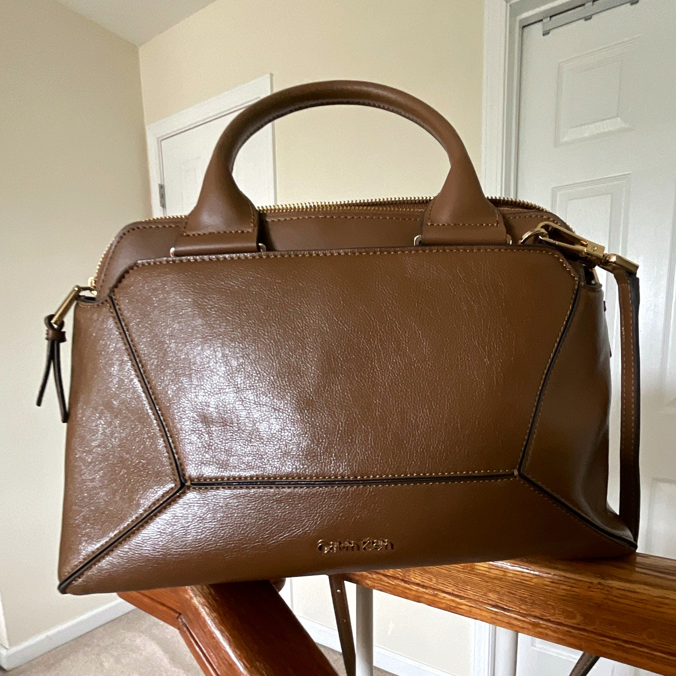 Calvin Klein Brown Large Crossbody, Zip Top, Top Handle, Detachable Strap, Gold