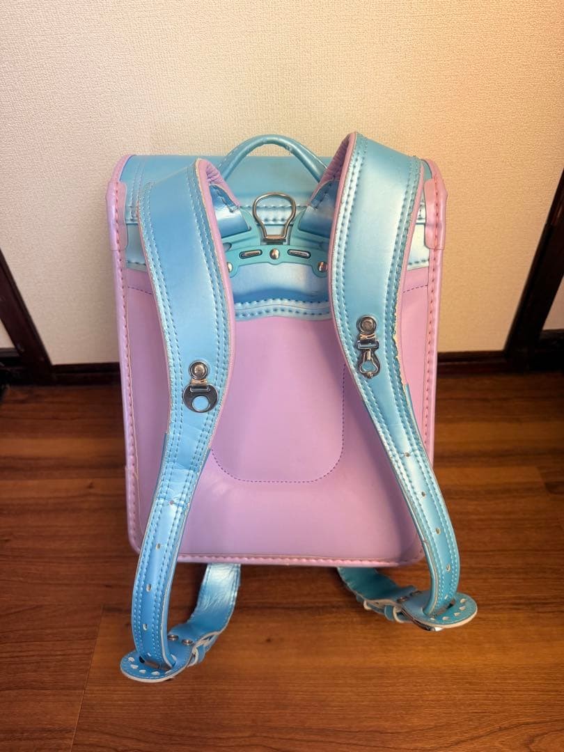 Randoseru Backpack Blue Synthetic Leather School Bag with Heart Design, Used