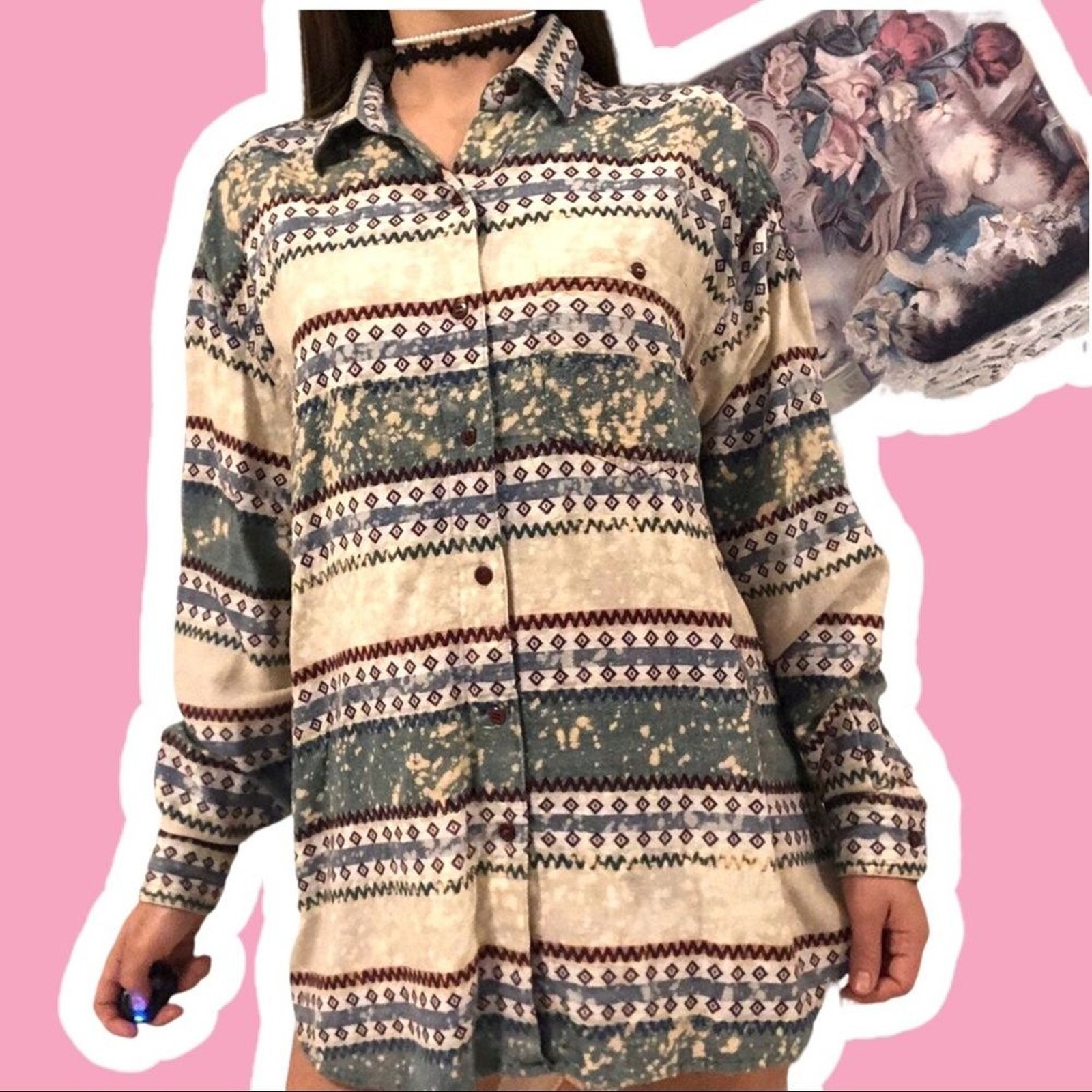 1X Vintage Rework Top Long Sleeve Button Down Indie Western Mori Kei Hippie Vtg